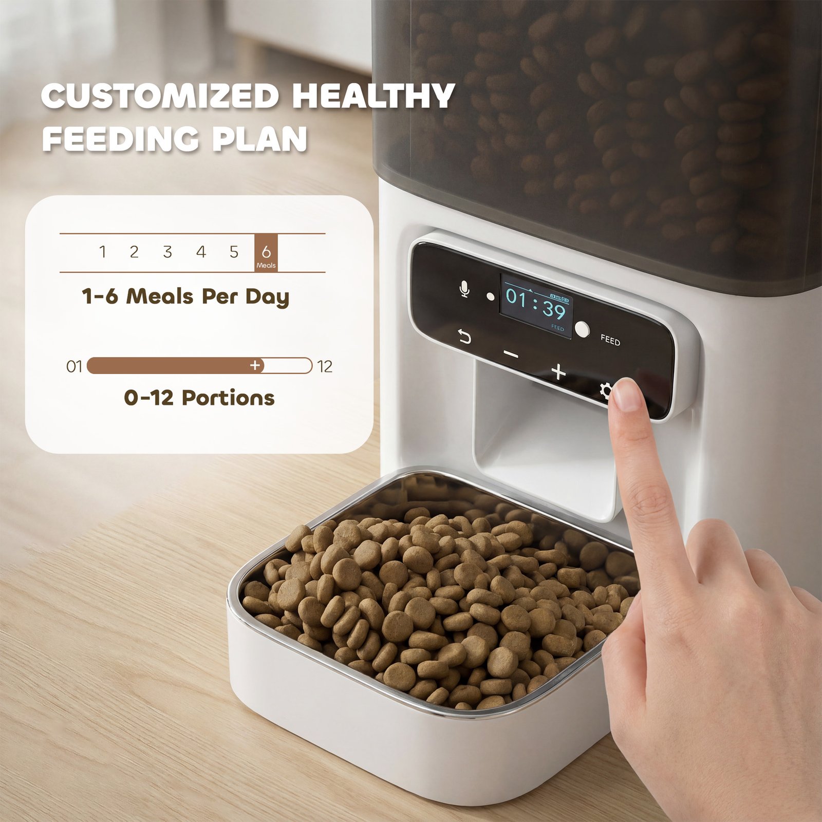 Programmable Automatic Cat Feeder with Timer Up to 6 Meals Per Day, 10s Voice Recorder, Portion Control