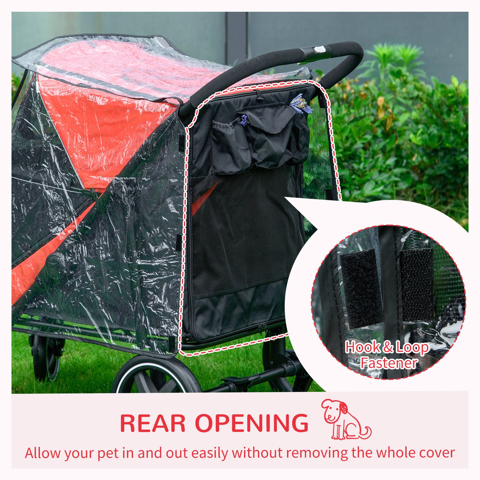 One-Click Foldable Pet Travel Stroller with Rain Cover, Cat Dog Pushchair with Universal Front Wheels, Shock Absorber, Storage Bags, Mesh Window, Safety Leash for Large and Medium Dogs (Red) - Image 7