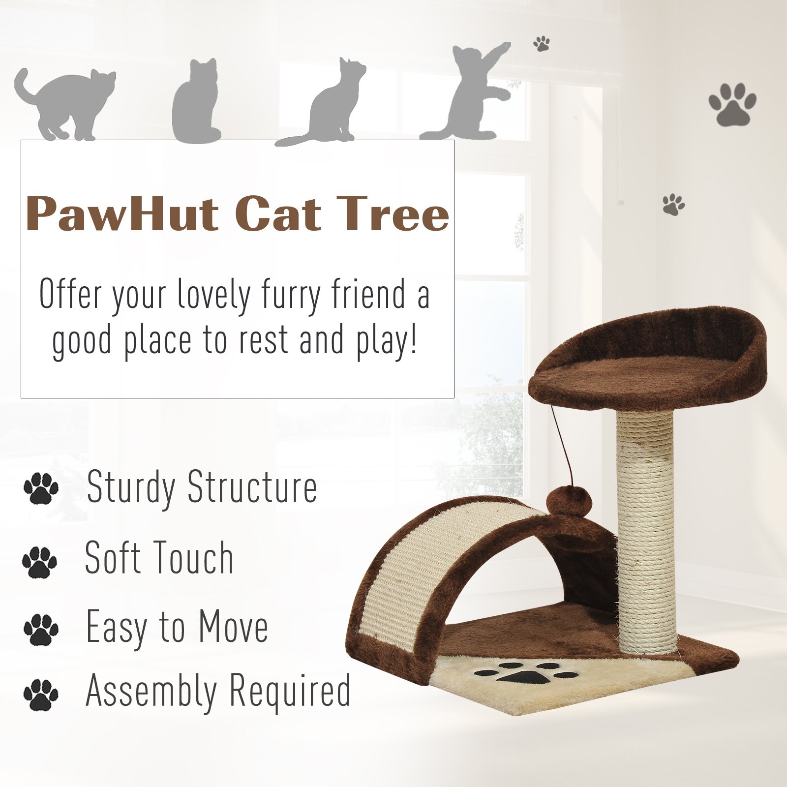 Cat Tree Scratching Scratcher Post Kitten Activity Centre Climber Hanging Ball Brown - Image 4