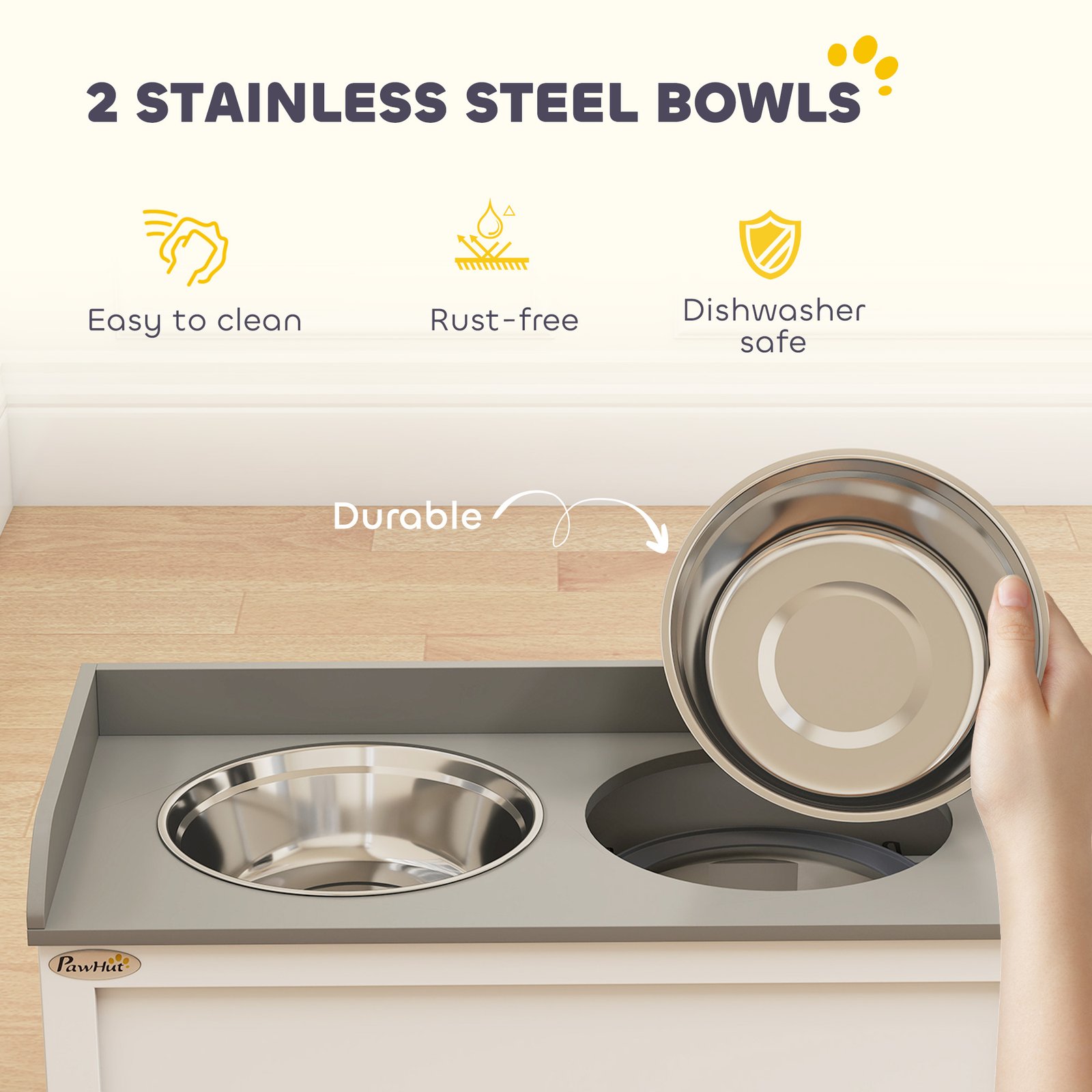 Stainless Steel Raised Dog Bowls, with 21L Storage Drawer for Large Dogs and Cats - White - Image 6