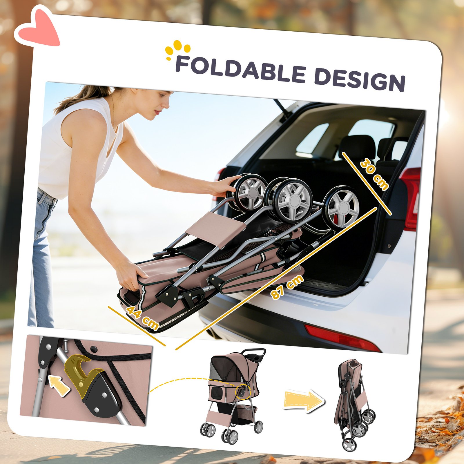 Dog Pram, Pet Stroller with Reflective Strips, Foldable Cat Stroller with 360° Swivel Wheels, Brown - Image 5