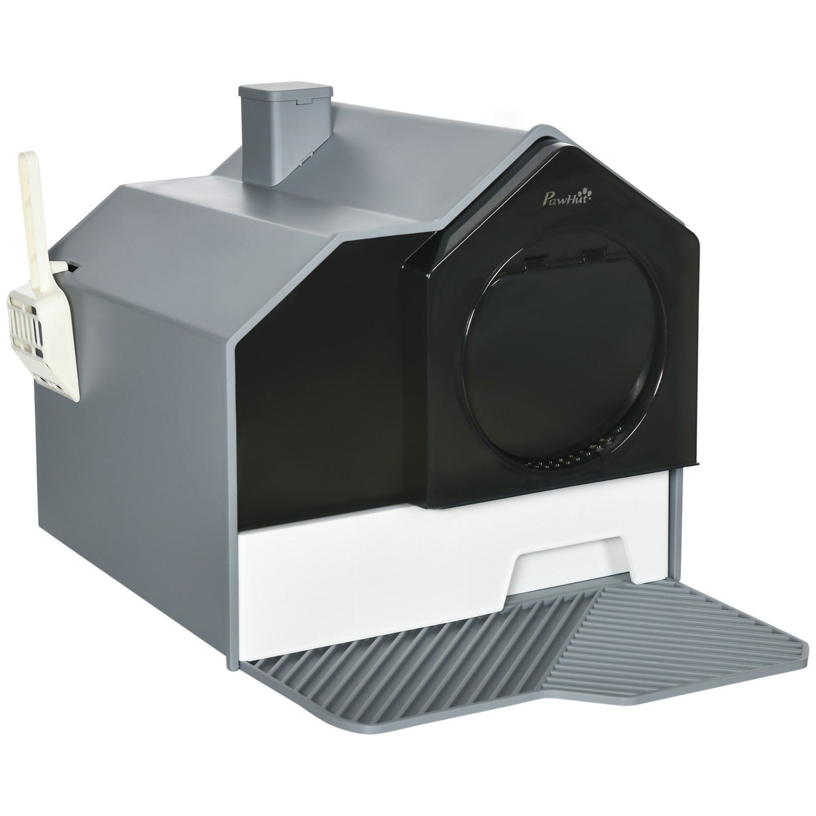 Hooded Cat Litter Tray with Scoop, Cat Litter Box with Drawer Pan, Handle, Deodorants, Hut Design, Front Entrance, 47 x 45 x 42cm - Grey
