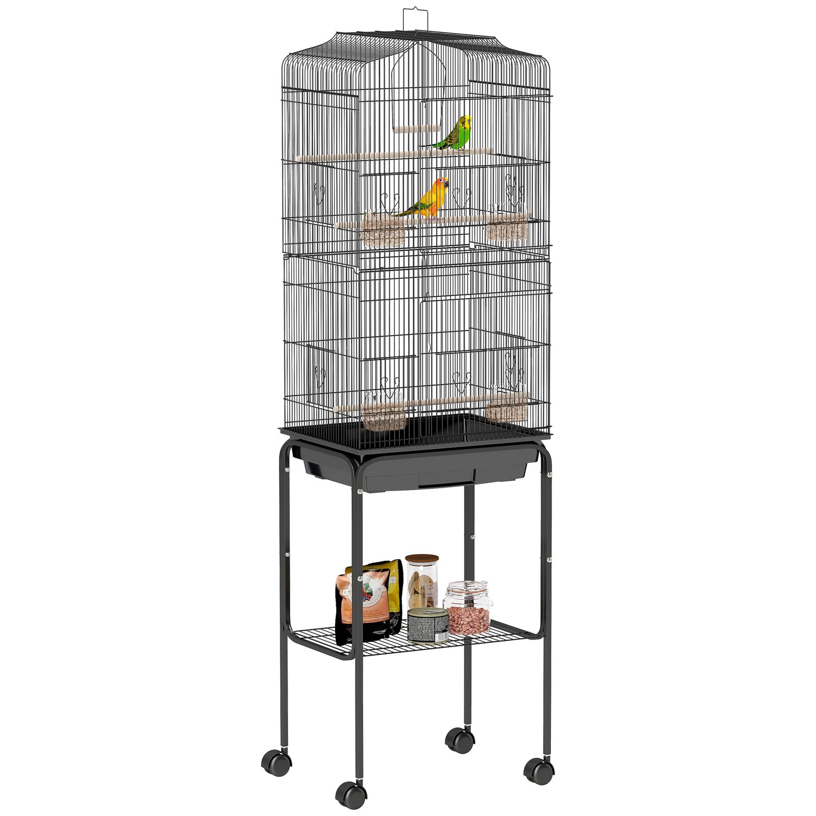Bird Cage Budgie Cages for Finch Canary Parakeet with Stand Wheels Slide-out Tray Accessories Storage Shelf, Black 46.5 x 36 x 157 cm