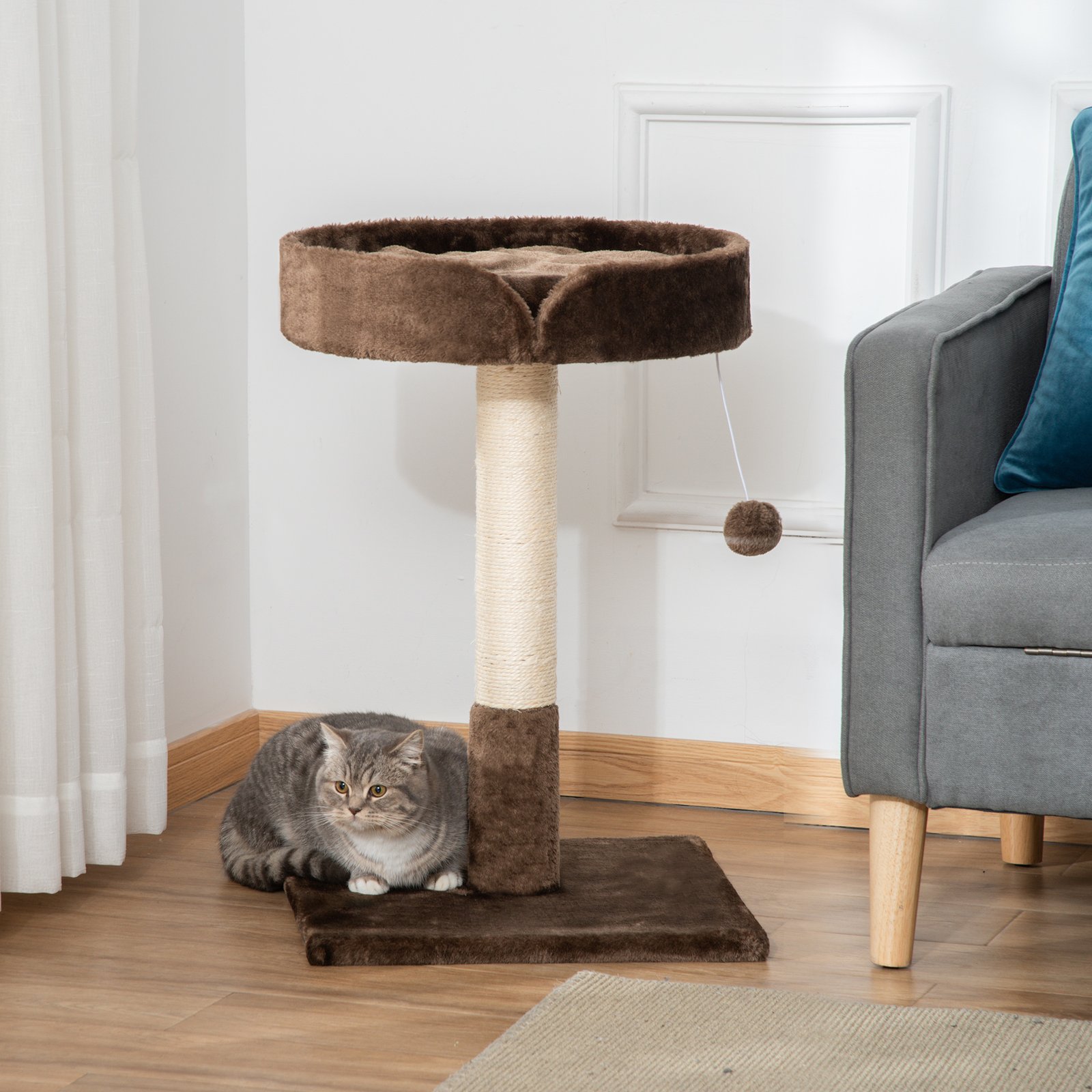 Small Cat Tree for Indoor Cats with Sisal Scratching Post Kitten Bed Cushion Ball Toy, Brown, 45x45x70 cm - Image 7