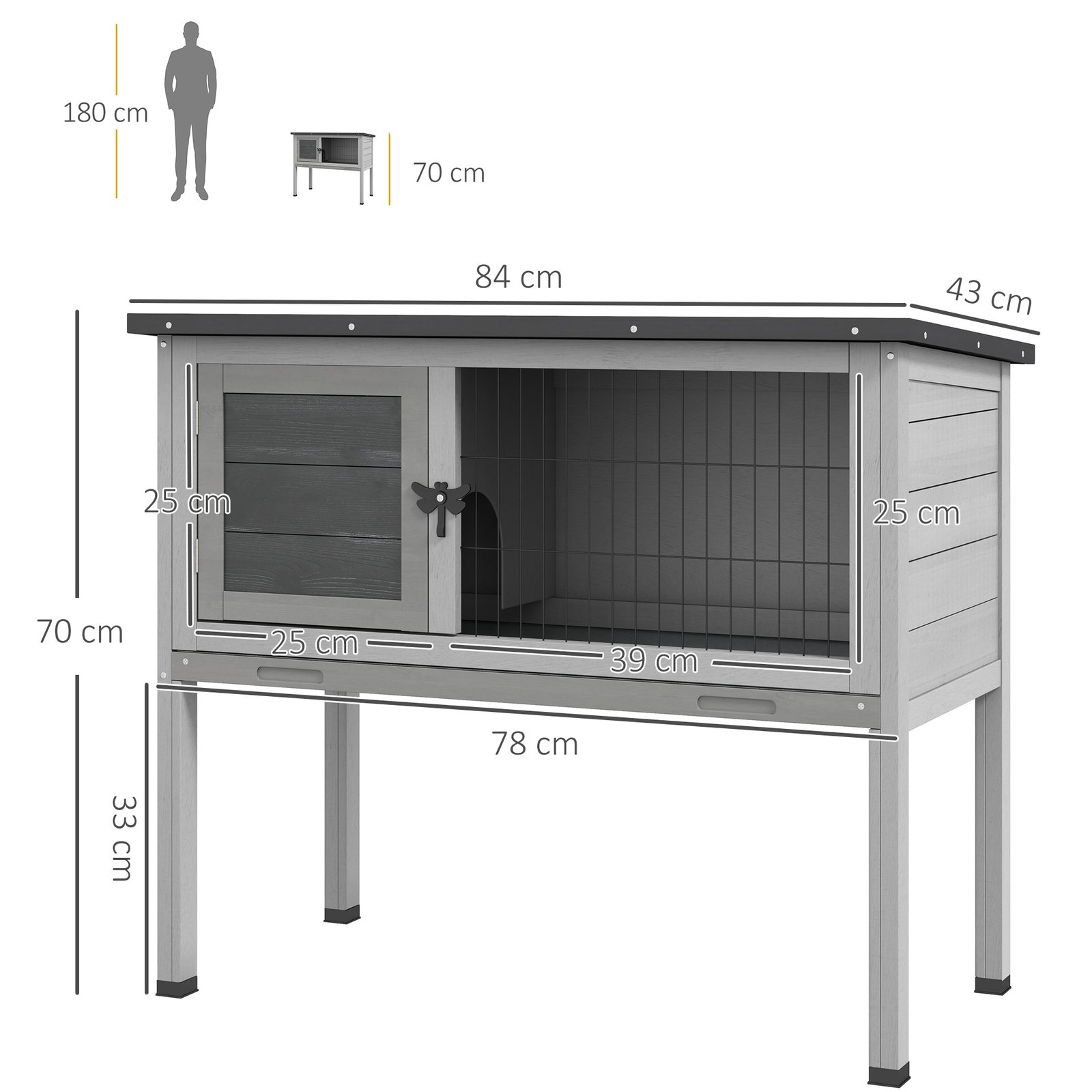 Wooden Guinea Pig Hutch, Small Animal Cage with Slide-out Tray, Openable Asphalt Roof, 84 x 43 x 70cm, Grey - Image 3