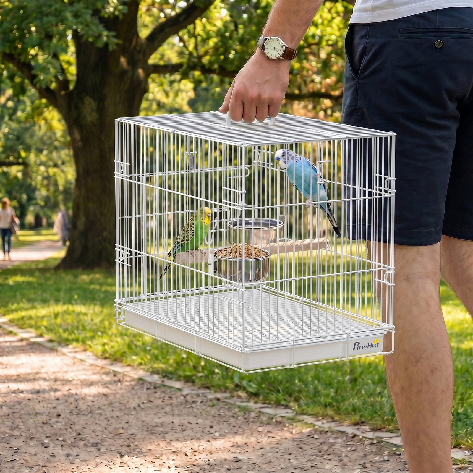 Bird Cage Foldable Portable Budgie Cage with Wooden Perch 2 Bowls for Travel 49 x 31 x 40 cm White