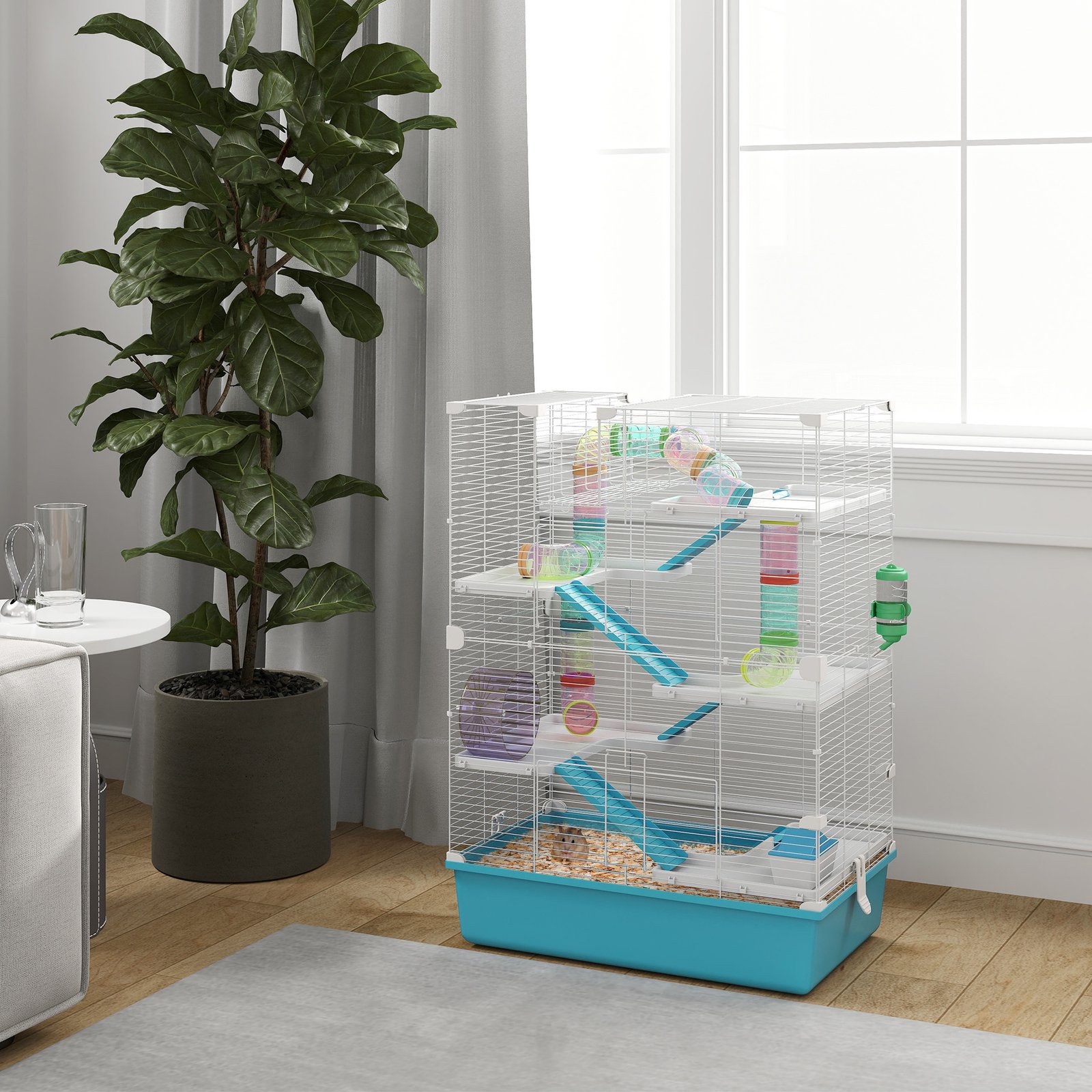 6 Tier Hamster Cage, Small Animal Cage with Tubes, Exercise Wheel, Ramps, Hut, Food Dish, Water Bottle, Light Blue