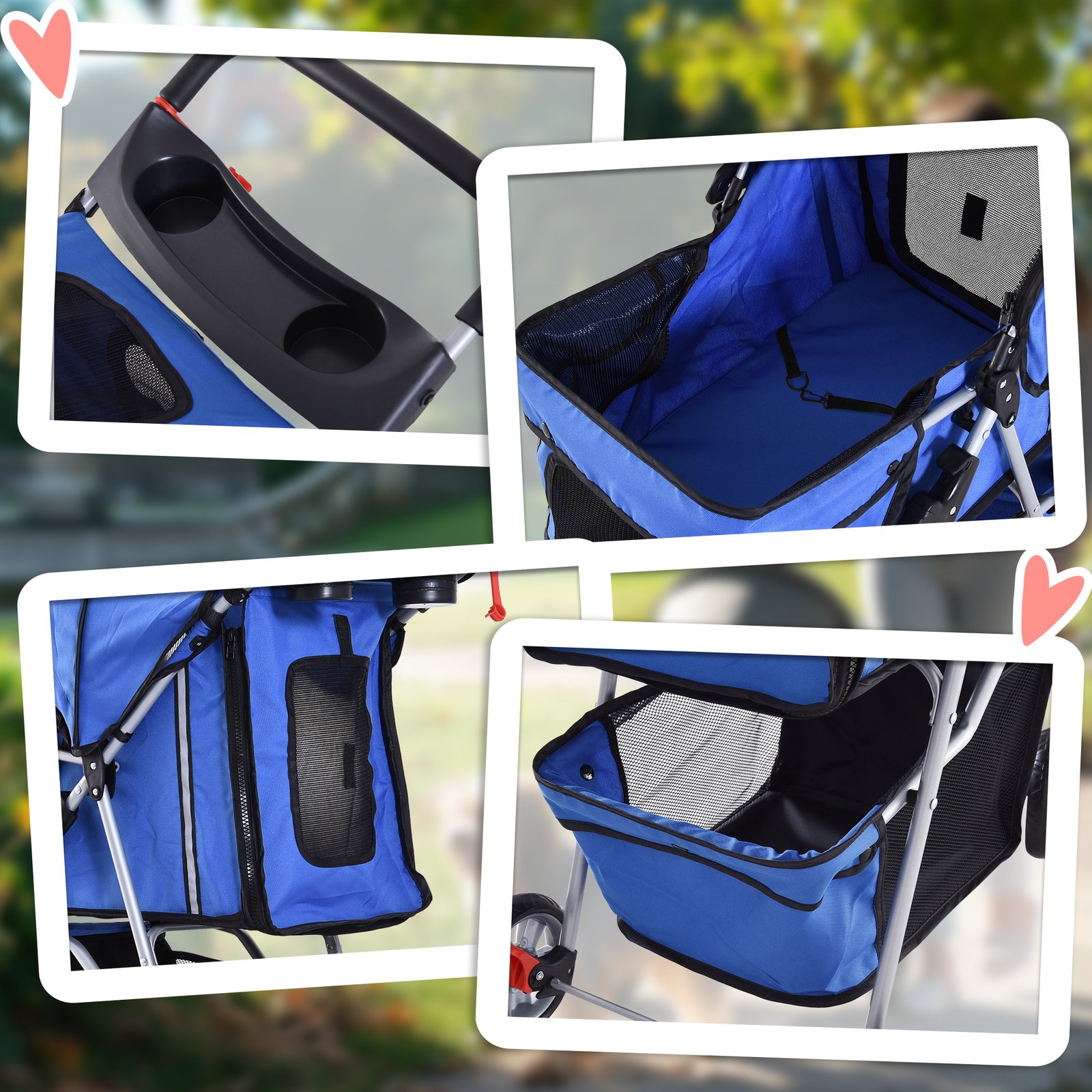 Pet Stroller for Small Miniature Dogs Cats Foldable Travel Carriage with Wheels Zipper Entry Cup Holder Storage Basket Blue - Image 8