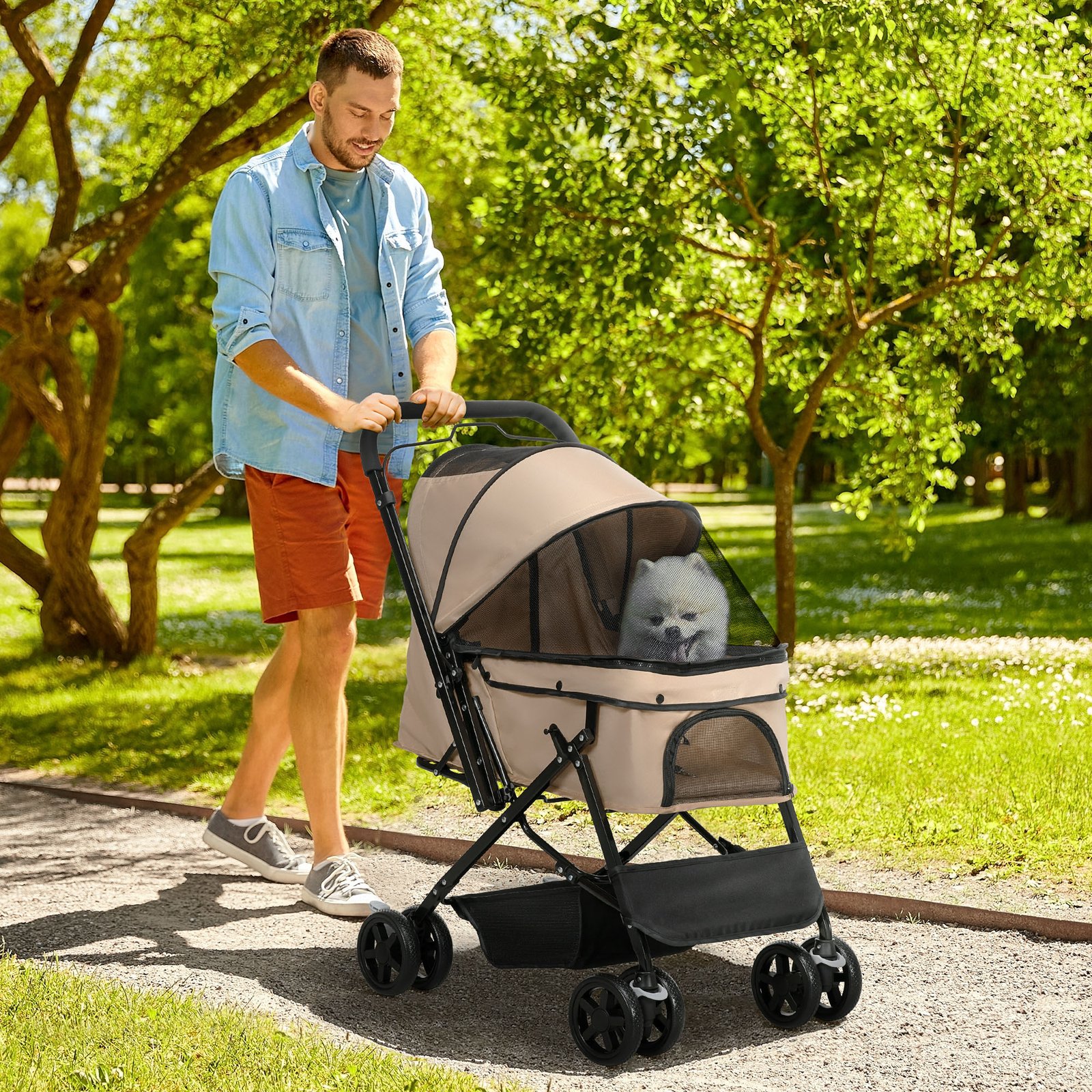 Pet Stroller Pushchair Foldable Travel Dog Cat Carriage w/ Reversible Handle Brake Basket - Image 9