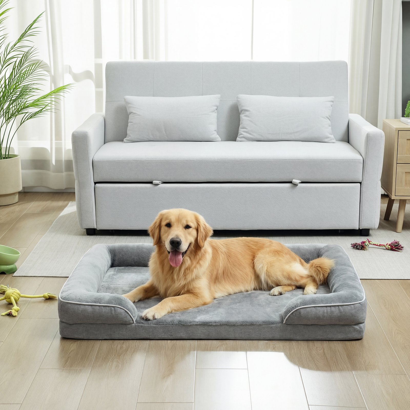 Dog Sofa Bed, Washable Pet Bed with Removable Cover and Non-Slip Bottom for Small, Medium and Large Dogs, Grey