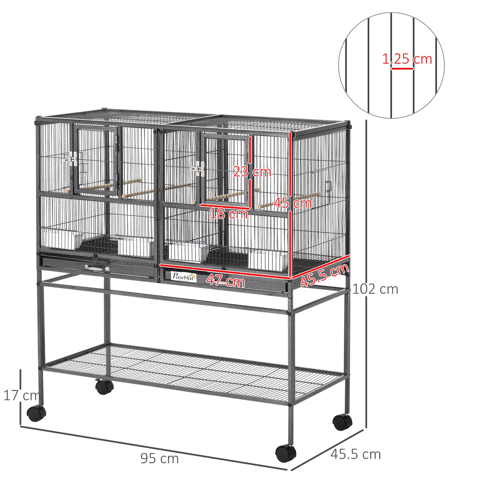Large Bird Cage Parrot Cage with Divider, Slide Tray for Finch Canaries Parakeets Cockatiels, 95 x 45.5 x 102 cm