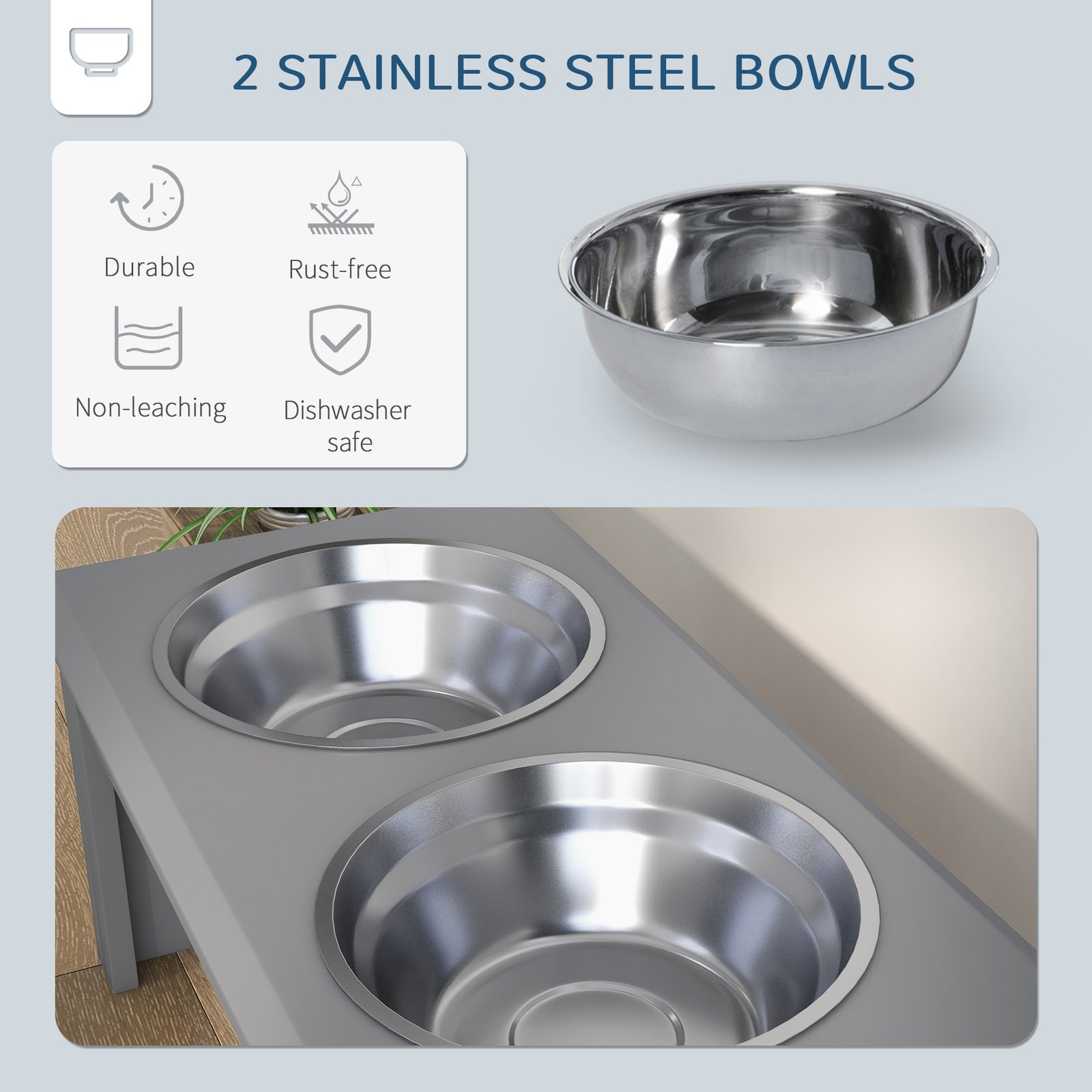 Raised Dog Feeding Bowls with Stand, Stainless Steel for Medium Dog, 58L x 31W x 25H cm - Grey