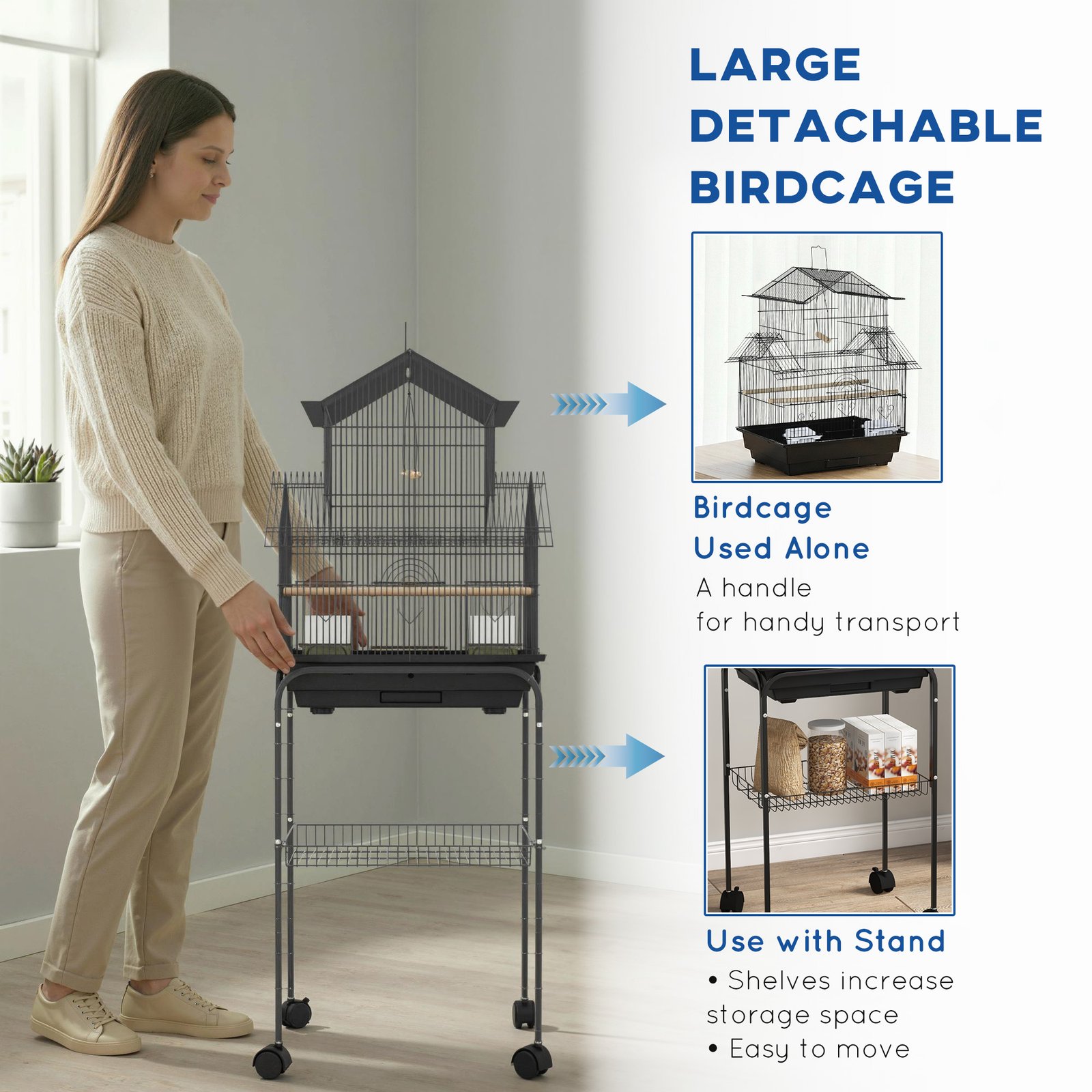 Metal Bird Cage with Plastic Swing, Perch, Food Container, Tray, Handle, for Finches, Canaries, Budgies, 43.5 x 33 x 121