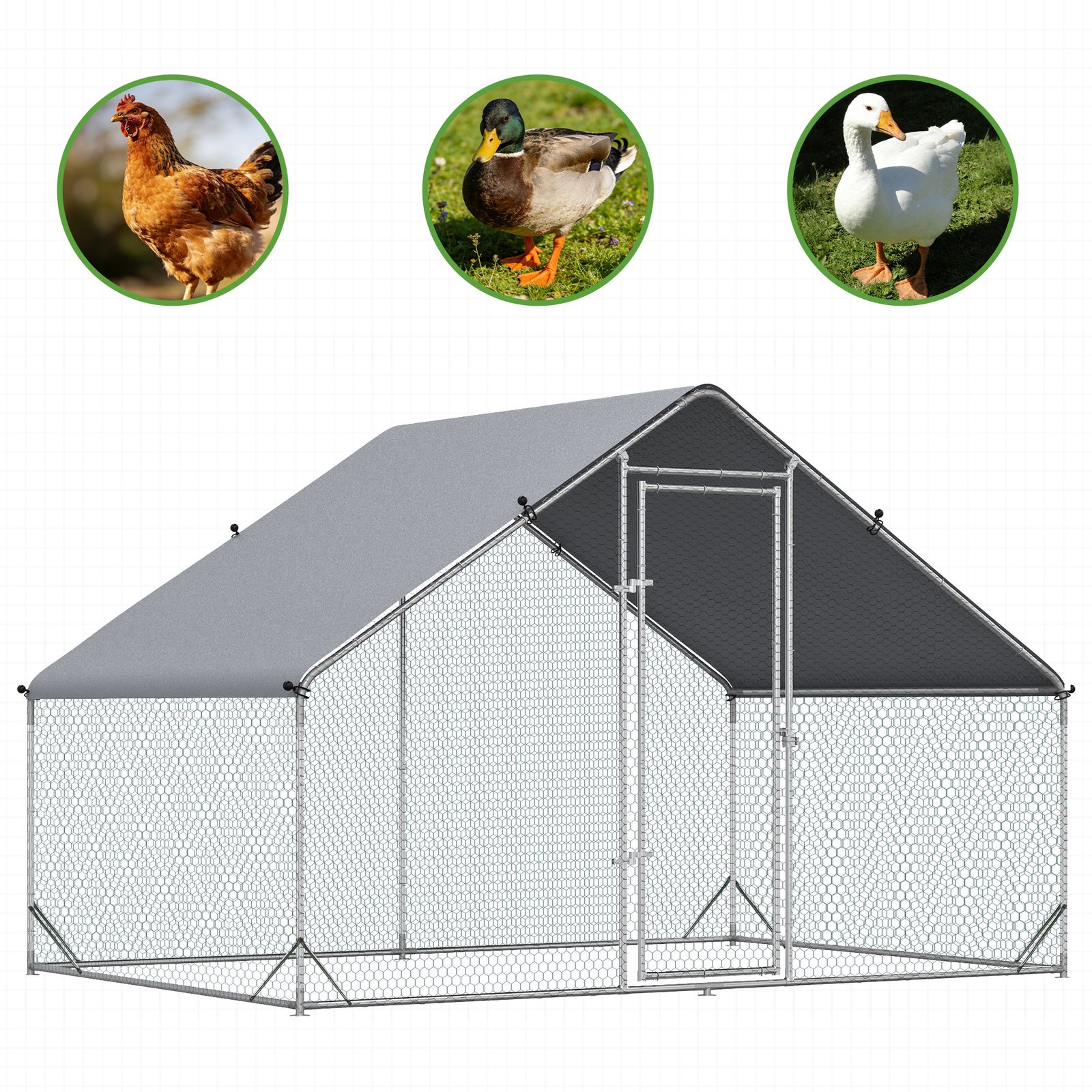 Chicken Run Galvanised 3 x 2 x 2m Walk-in Chicken Coop Hen Poultry House Cage with Water-Resist Cover, Silver