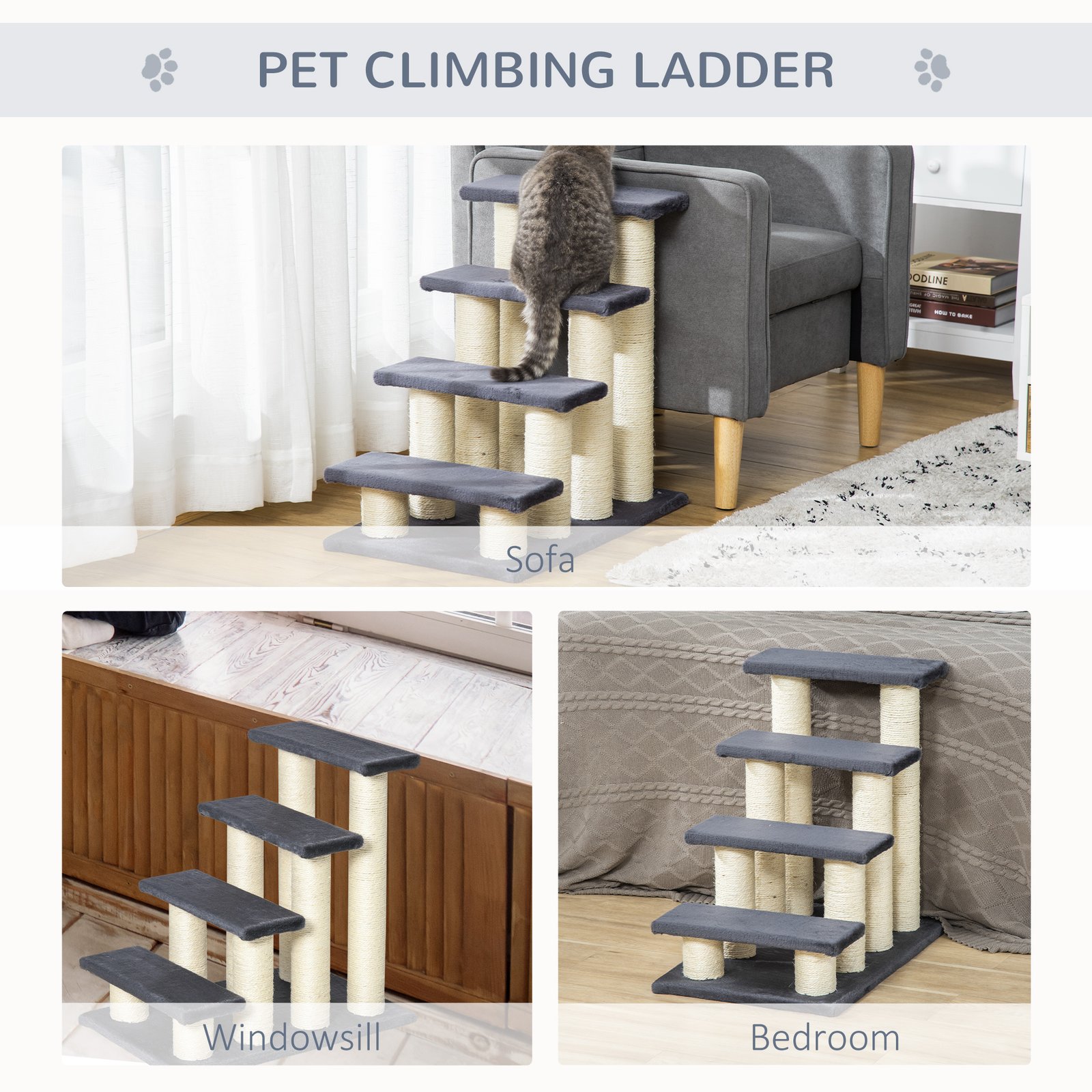 Dog Steps for Bed 4 Step Pet Stairs for Dog Cat ladder Scratch Post Grey