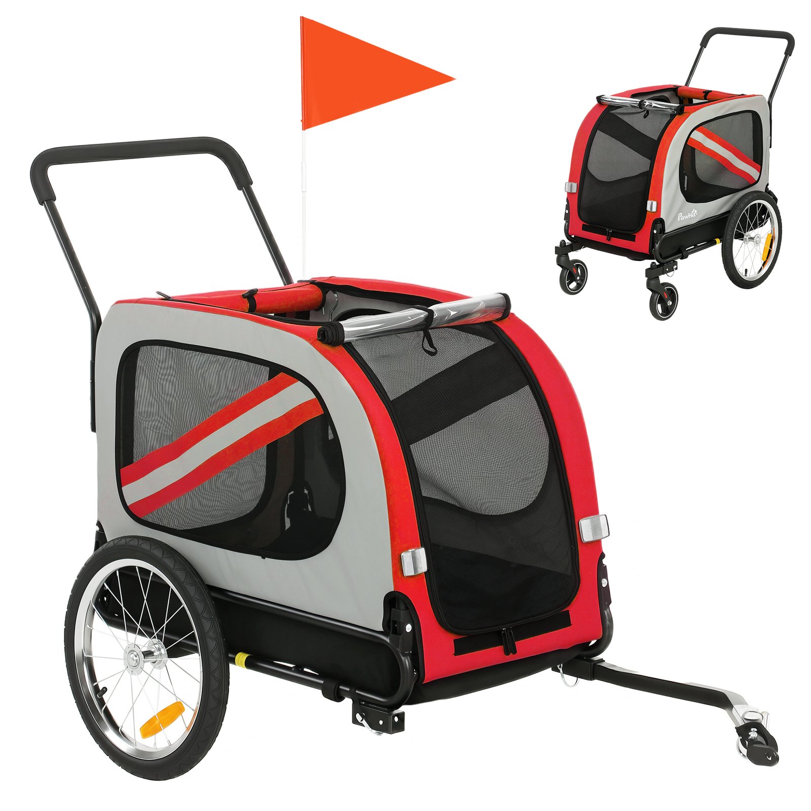 2-In-1 Dog Bike Trailer Pet Stroller with Universal Wheel Reflector Flag Red