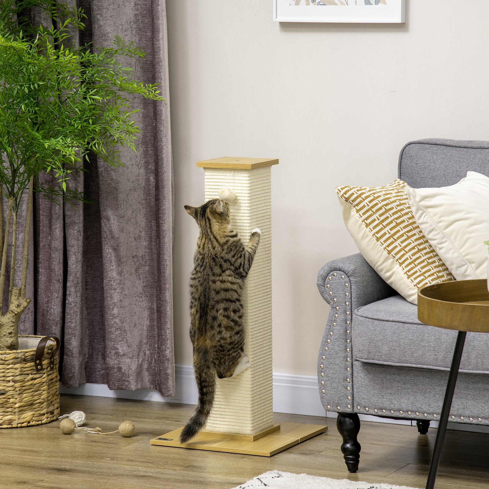 80cm Scratching Post, with Toy Ball, Sisal Rope - White - Image 9