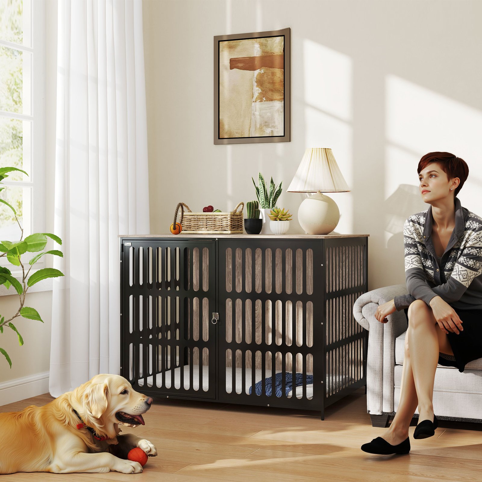 Dog Crate Furniture with Anti-Chew Resistant Mesh, Anti-Escape Single Door, for Extra Large Dogs, 118 x 80 x 92 cm - Image 9
