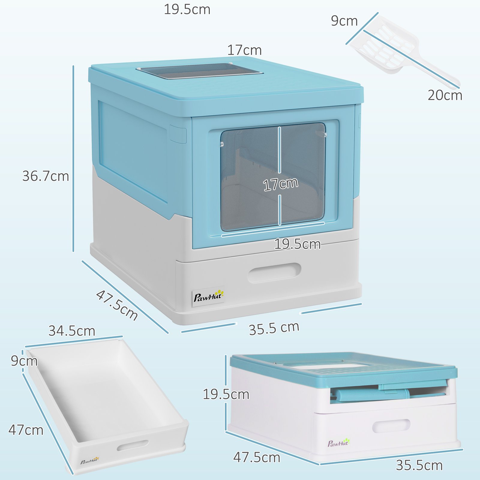 Hooded Cat Litter Box, Portable Pet Toilet, with Scoop, Front Entry - Light Blue