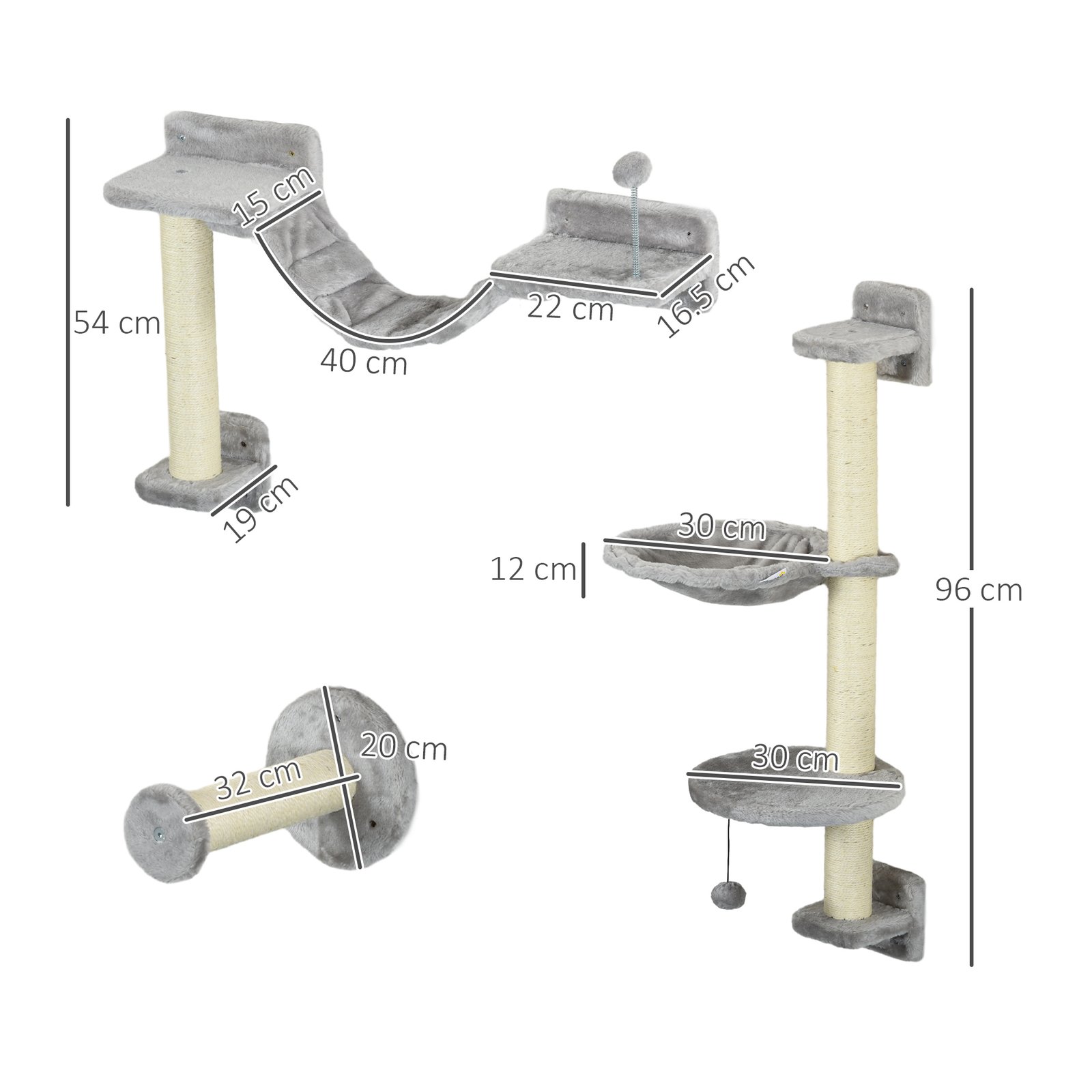 Four-Piece Cat Wall Furniture with Hammock, Perches, Ladder, Scratching Post, Grey - Image 3
