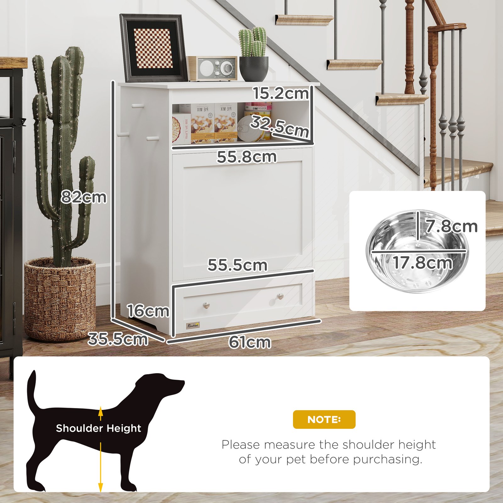Pet Feeder Station, Dog, Cat Storage Container, with Raised Bowls, Hanger, Cabinet - White - Image 3