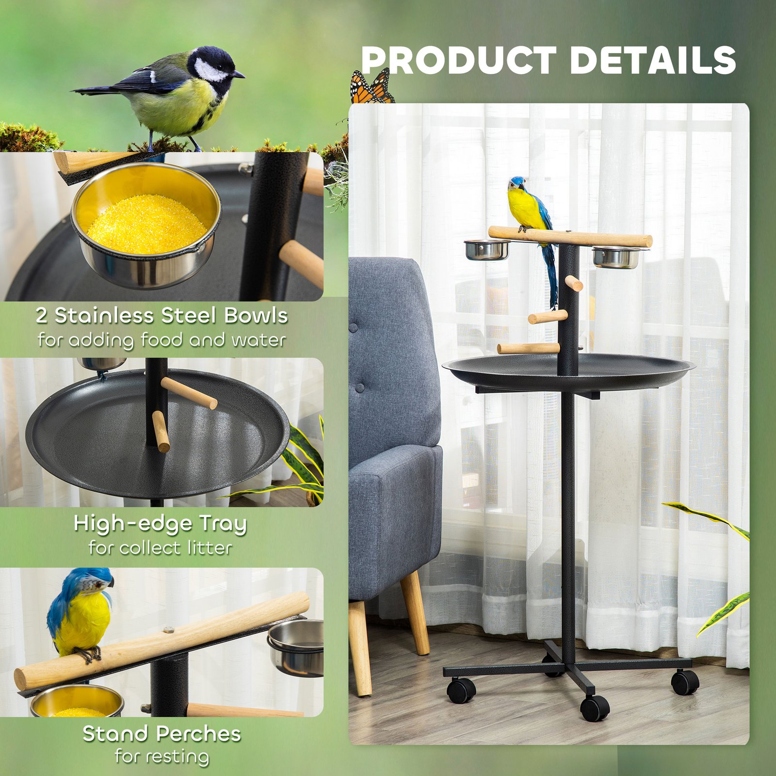 Parrot Perch Stand, Large Bird Play Stand, Metal Bird Table Feeder Station with Stainless Steel Bowls, Four Wheels, Round Tray, Black