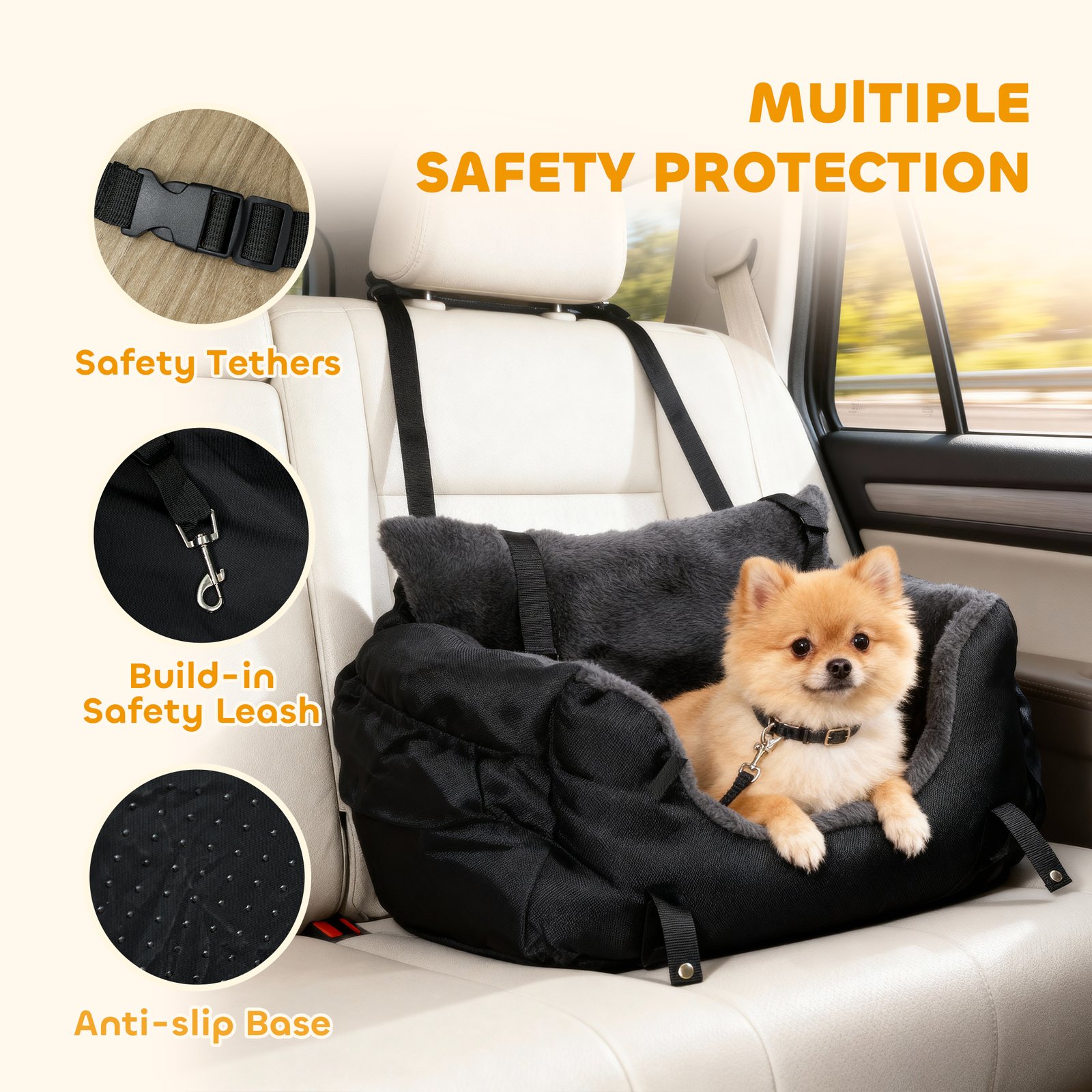 Dog Car Seat for Small Dogs with Fixed Buckle, Safety Leash, Washable Cover, 58 x 45 x 28 cm, Black