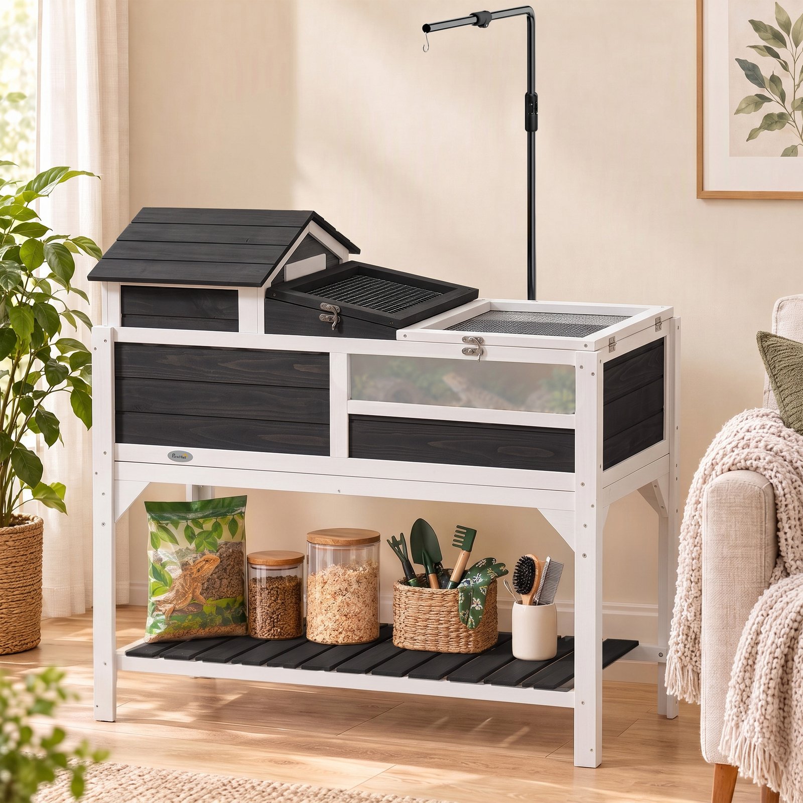 Wooden Tortoise Enclosure, Tortoise Tank w/ Adjustable Lamp Holder, Openable Lid, Removable Main House - Grey