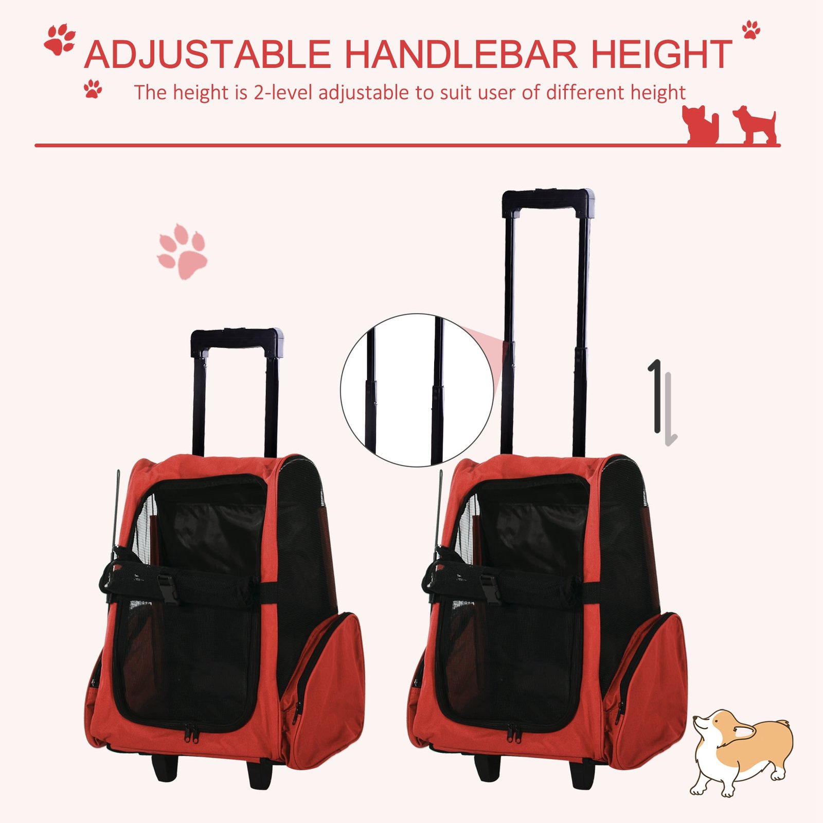 2 in 1 Dog Backpack and Trolley, Pet Travel Backpack Cat Dog Carrier with Telescopic Handle, Portable Pet Stroller Wheel Luggage Bag (Red)