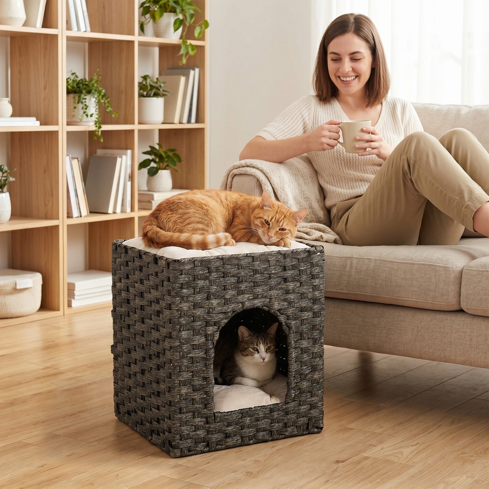 2-Tier Wicker Cat House, Handwoven Rattan Cat Bed with Washable Cushions, Indoor Kitten Condo Hideaway - Image 9
