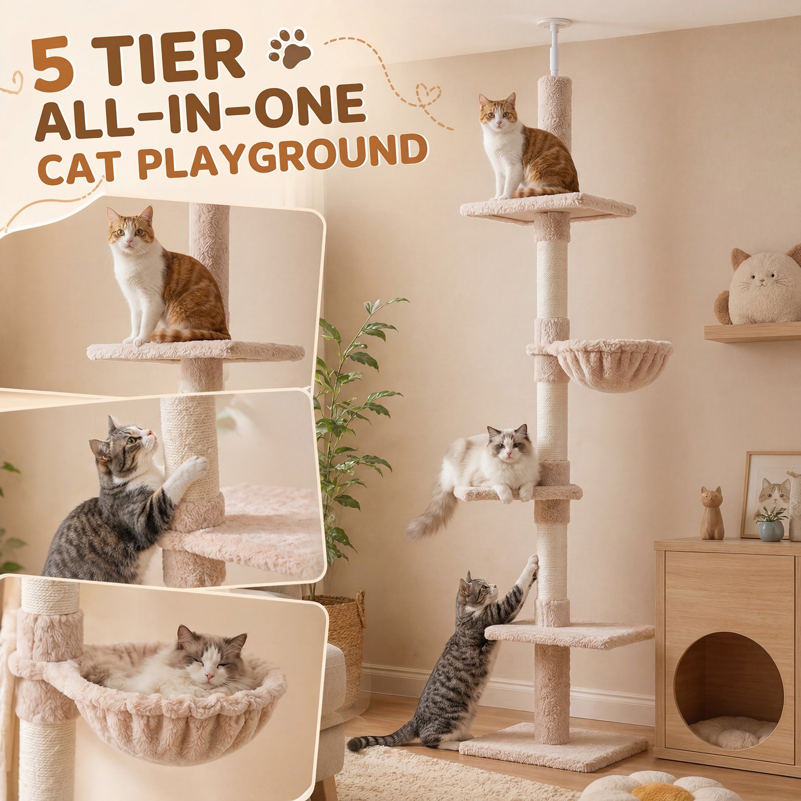 Floor to Ceiling Cat Tree 230-260cm Height Adjustable, 5-Tier Cat Tower with Scratching Posts, Hammock, Perches, Climbing Activity Centre for Indoor Kittens Playing and Relaxing, Beige - Image 6