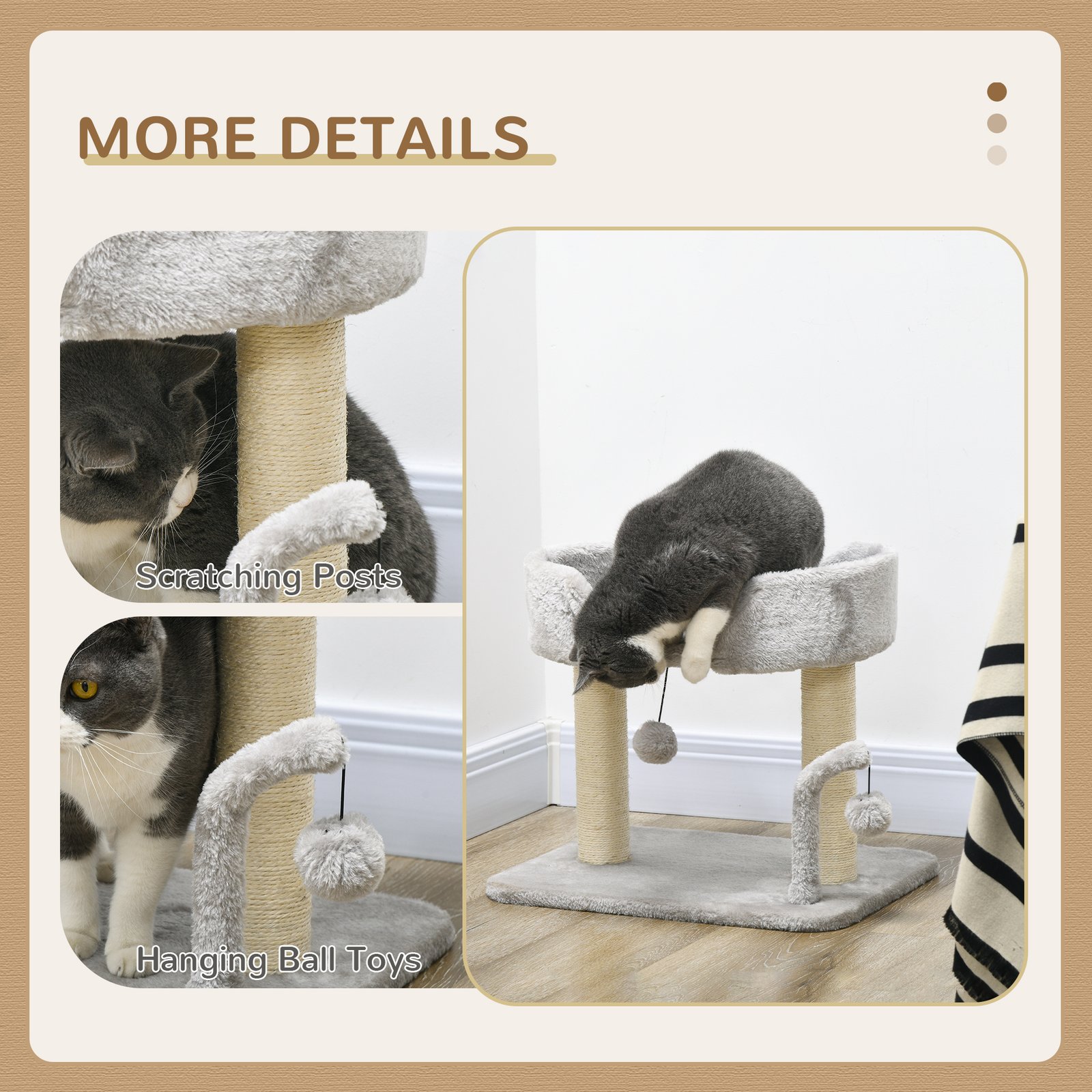 42cm Indoor Cat Tree, with Toy Balls, Sisal Scratching Post - Light Grey - Image 5