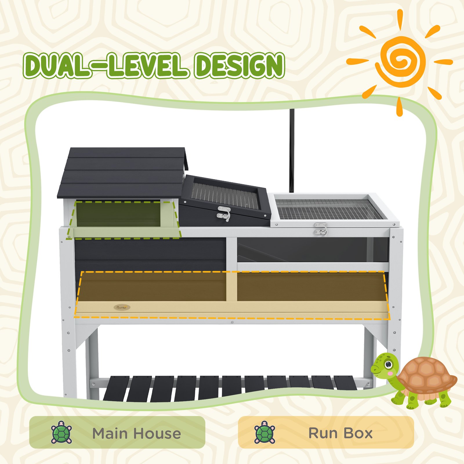 Wooden Tortoise Enclosure, Tortoise Tank w/ Adjustable Lamp Holder, Openable Lid, Removable Main House - Grey - Image 4