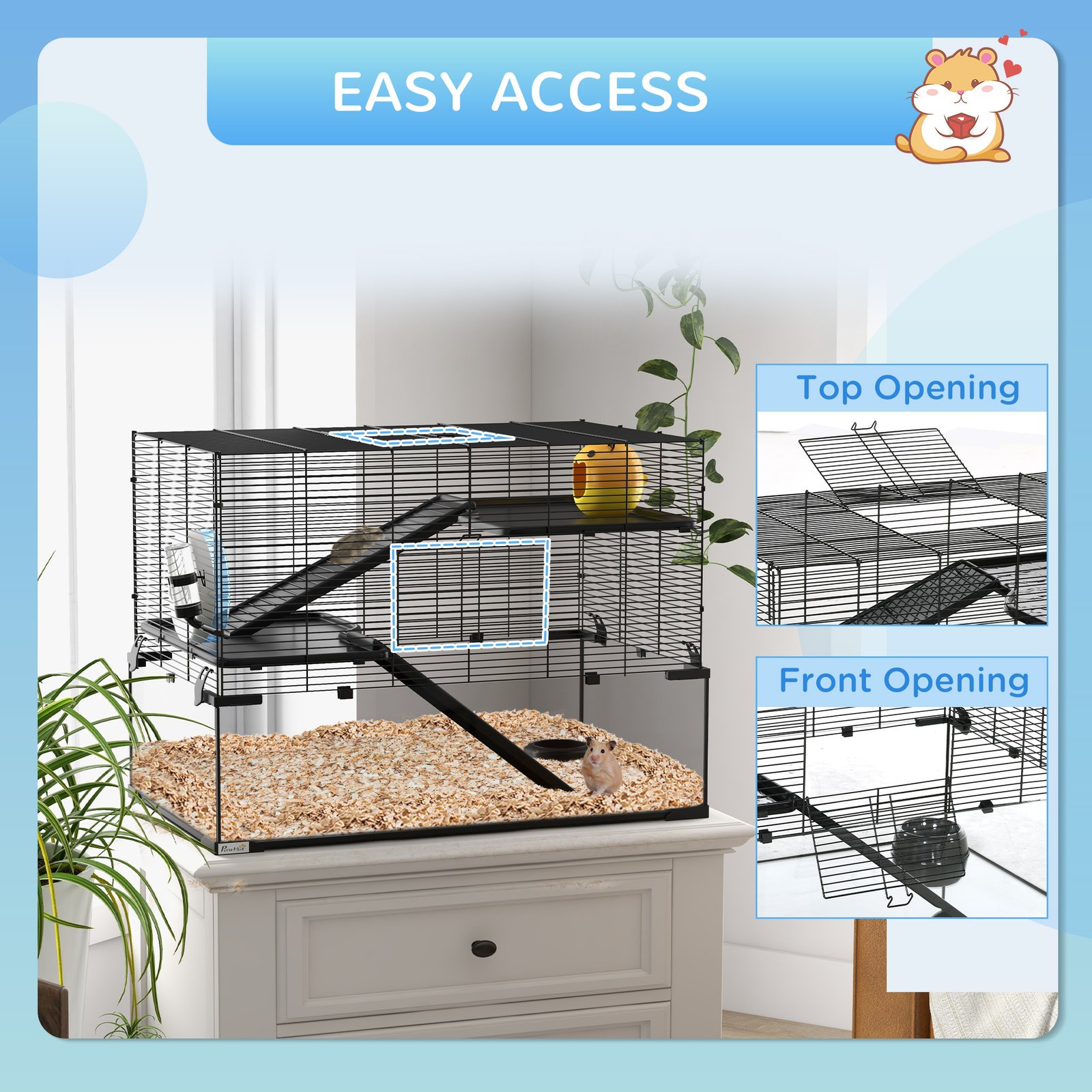 3 Tiers Hamster Cage, Gerbil Cage with Deep Glass Bottom, Non-Slip Ramps, Platforms, Hut, Exercise Wheels, Water Bottle, Dish, for Syrian Hamster, Dwarf Hamster, 76.5 x 48.5 x 54.5cm - Image 7