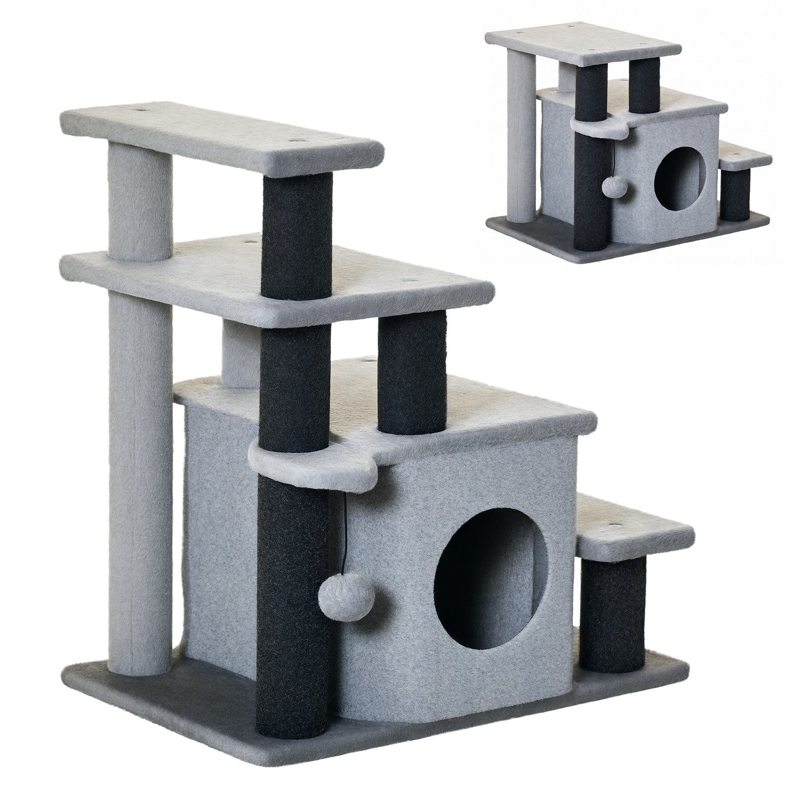 Adjustable Cat Steps, with House & Hanging Toy Ball - Grey