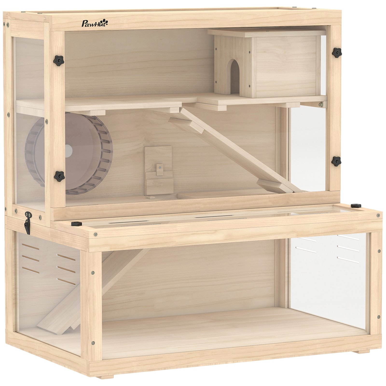 Wooden Hamster Cage with Hut, Wheel, Ramps, Removable Viewing Panels, 80 x 50 x 84 cm, Natural