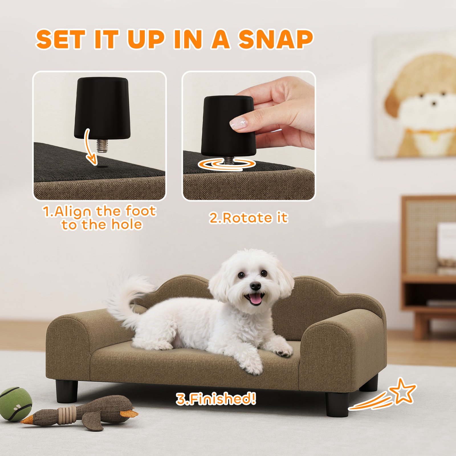 Elevated Dog Sofa Bed, Breathable Pet Sofa with Backrest and Armrest for Small Dogs, Brown - Image 7