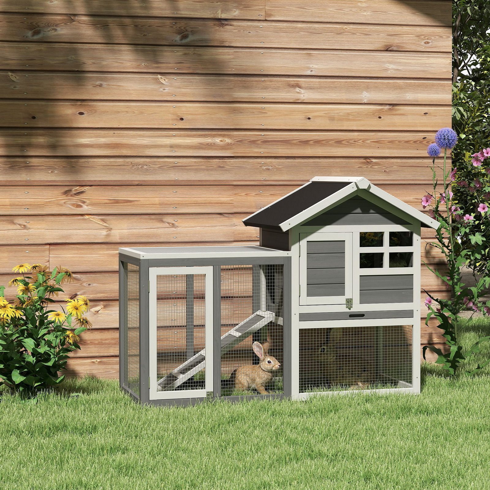 Rabbit Hutch Outdoor Wooden Guinea Pig Hutch Rabbit Run Bunny Cage Small Animal Cage Pull-Out Tray, Grey, 124 x 63 x 93 cm