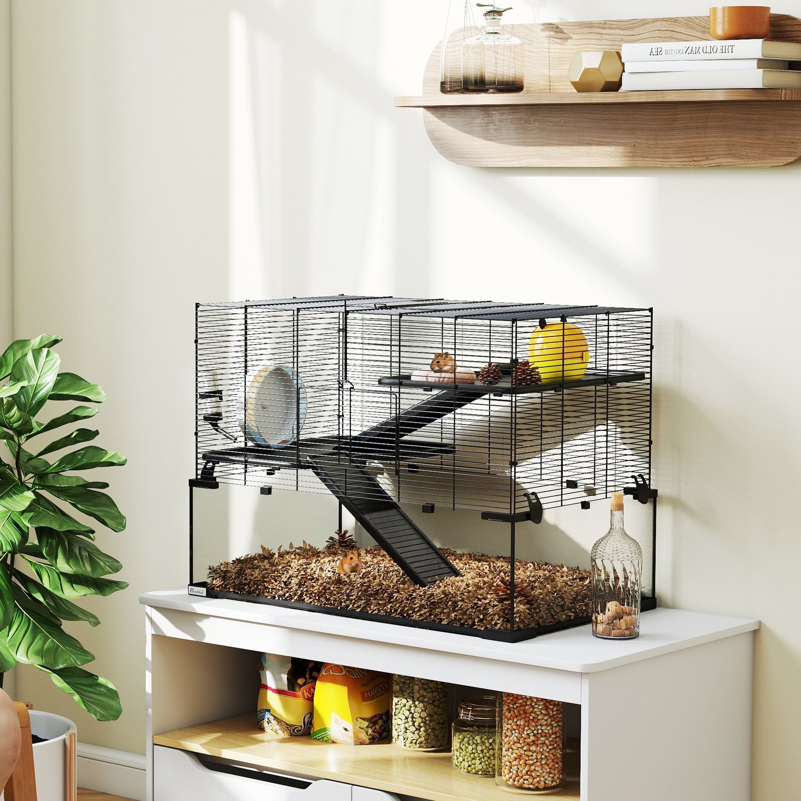 3 Tiers Hamster Cage, Gerbil Cage with Deep Glass Bottom, Non-Slip Ramps, Platforms, Hut, Exercise Wheels, Water Bottle, Dish, for Syrian Hamster, Dwarf Hamster, 76.5 x 48.5 x 54.5cm - Image 8