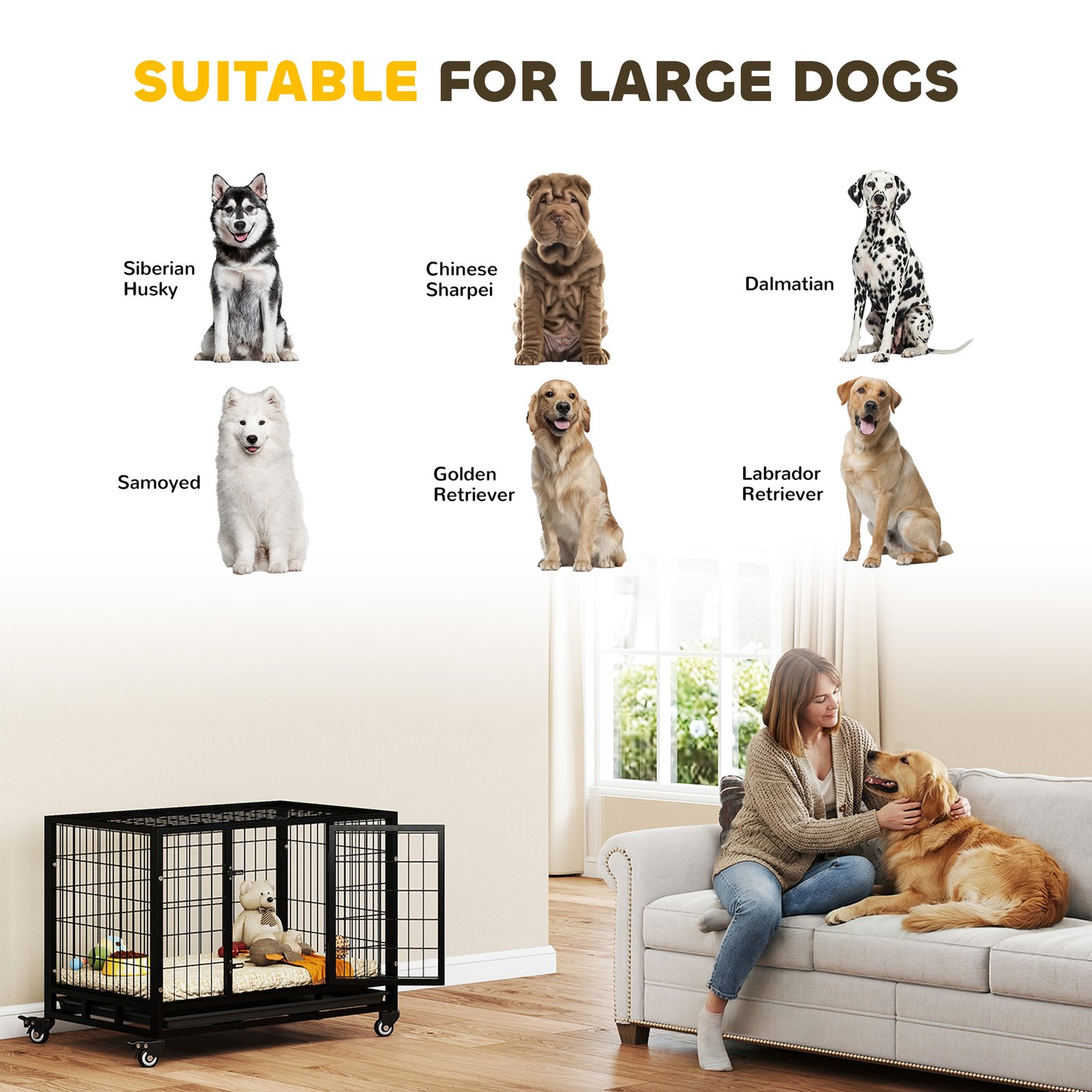 36" Heavy Duty Metal Dog Crate Pet Cage with Tray Wheeled Dog Kennel - Black (Medium) - Image 7