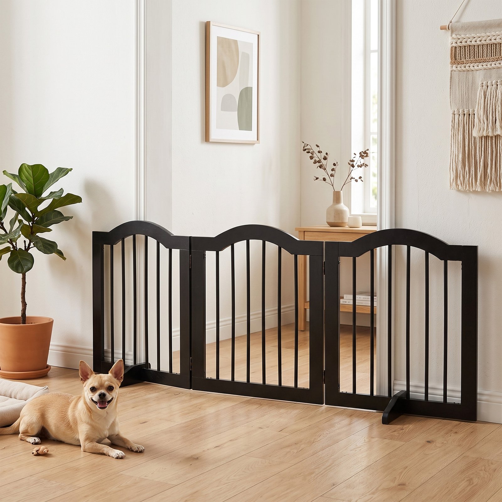 Freestanding Dog Gate Wooden Stair Gate for Dogs with Support Feet Foldable Pet Fence Safety Barrier for the House Doorway Stairs Black