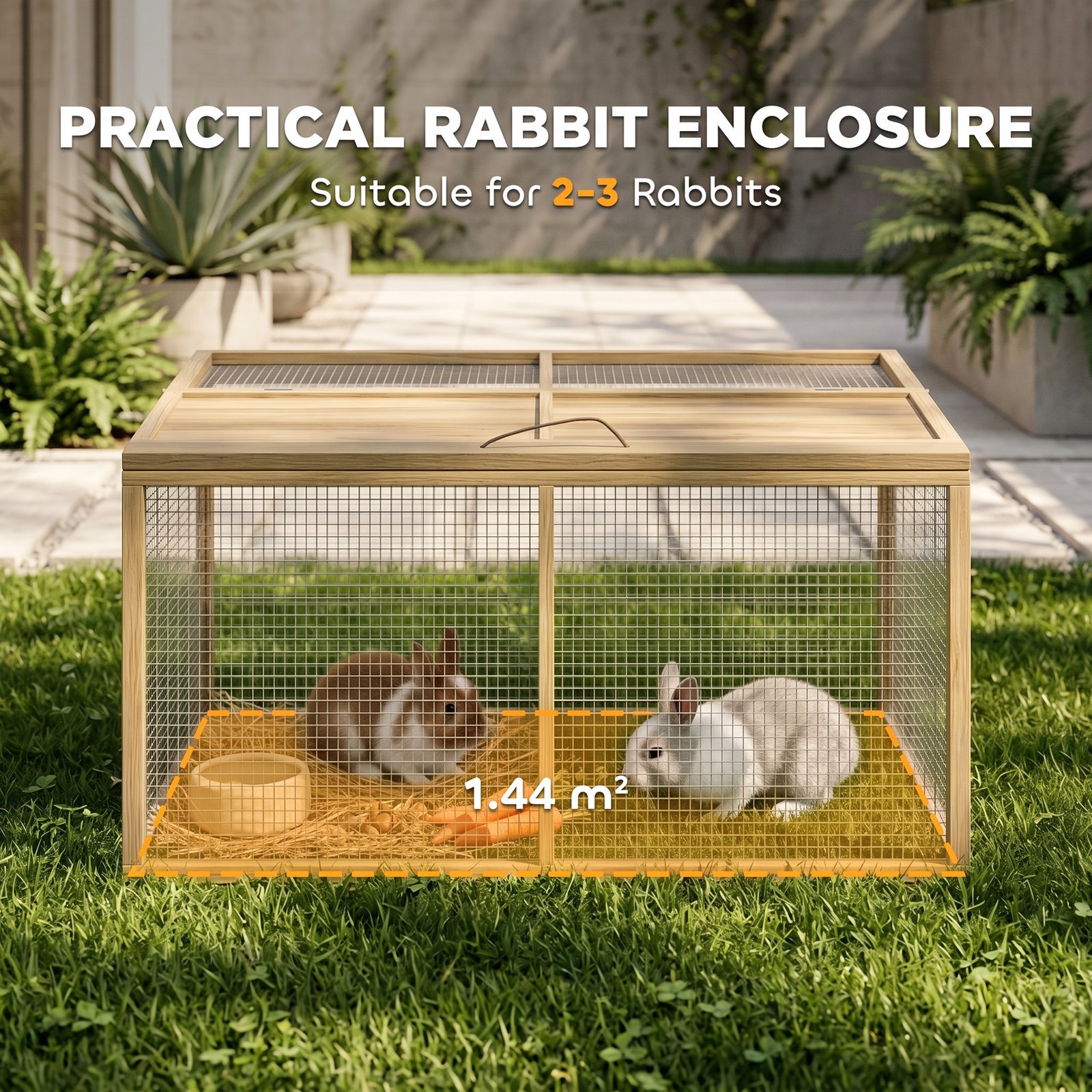 Wooden Folding Rabbit Hutch, for 2-3 Rabbits - Natural Wood