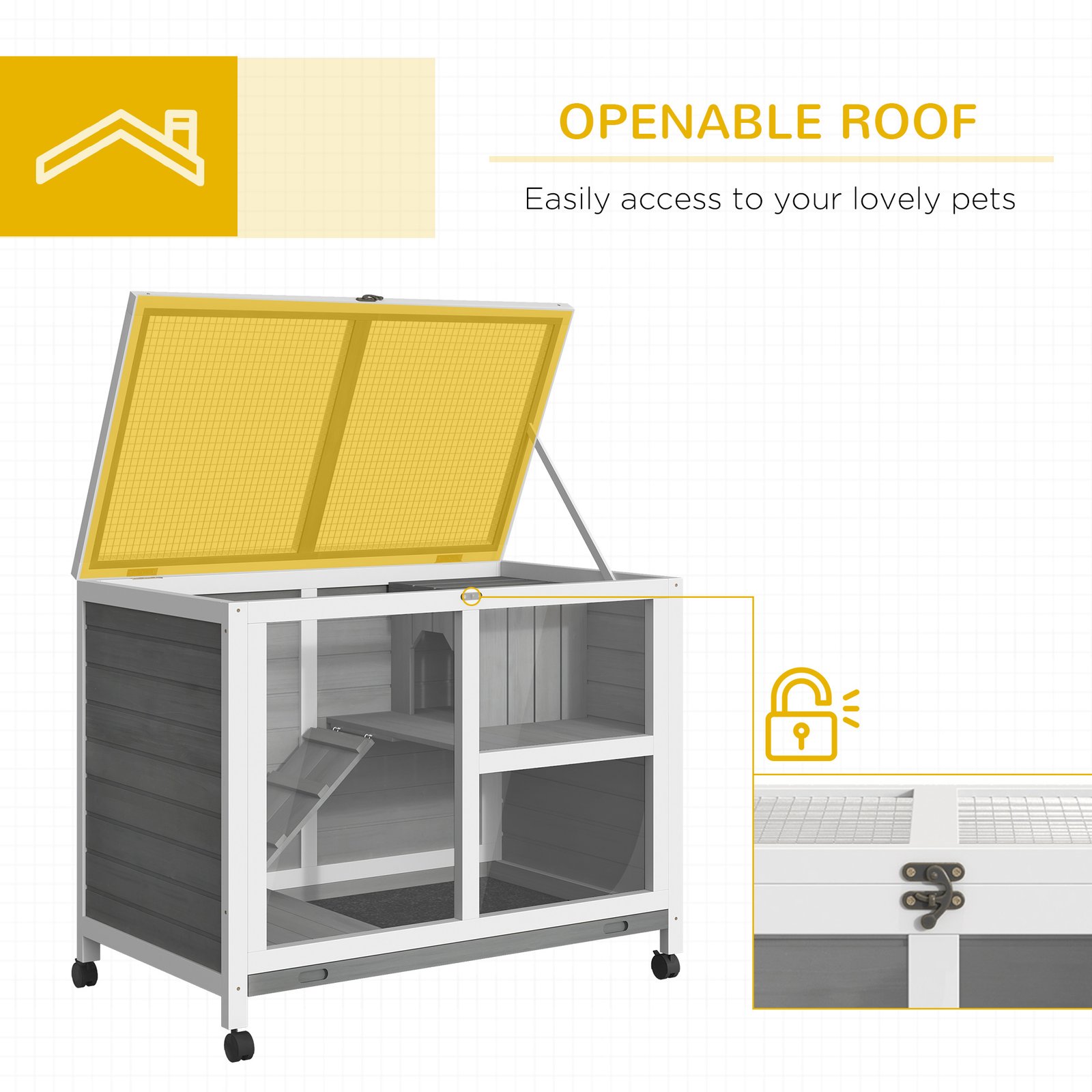 Wooden Rabbit Hutch Indoor with Wheels, Openable Roof, 91.5 x 53.3 x 73 cm, Grey