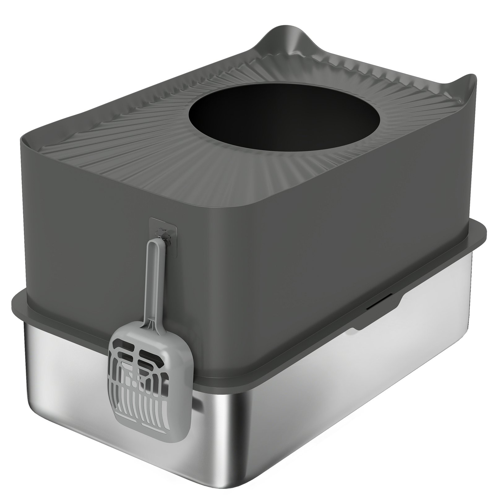 Stainless Steel Cat Litter Tray, Extra Large Enclosed Litter Box with Scoop, Top Entrance, Non-slip Pads, Dark Grey