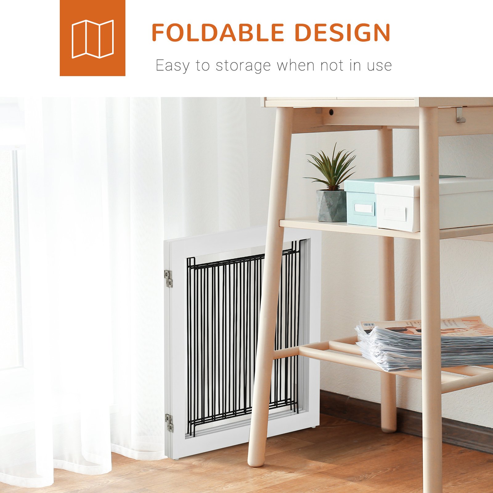 Foldable Pet Gate, with Three Panels & Two Support Feet - White - Image 5