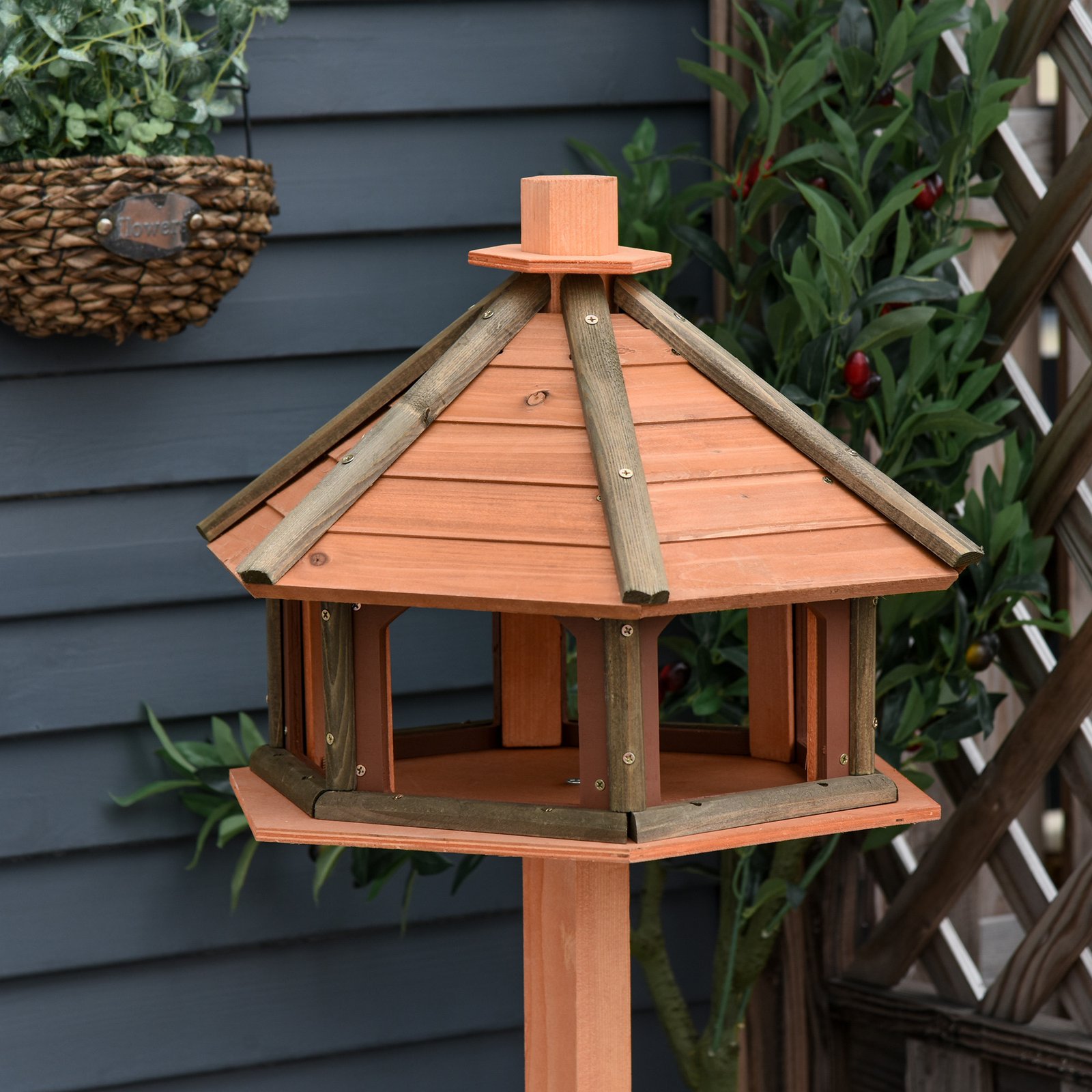 130cm Wooden Bird Table, Feeding Station with Roof for Outdoor, Brown