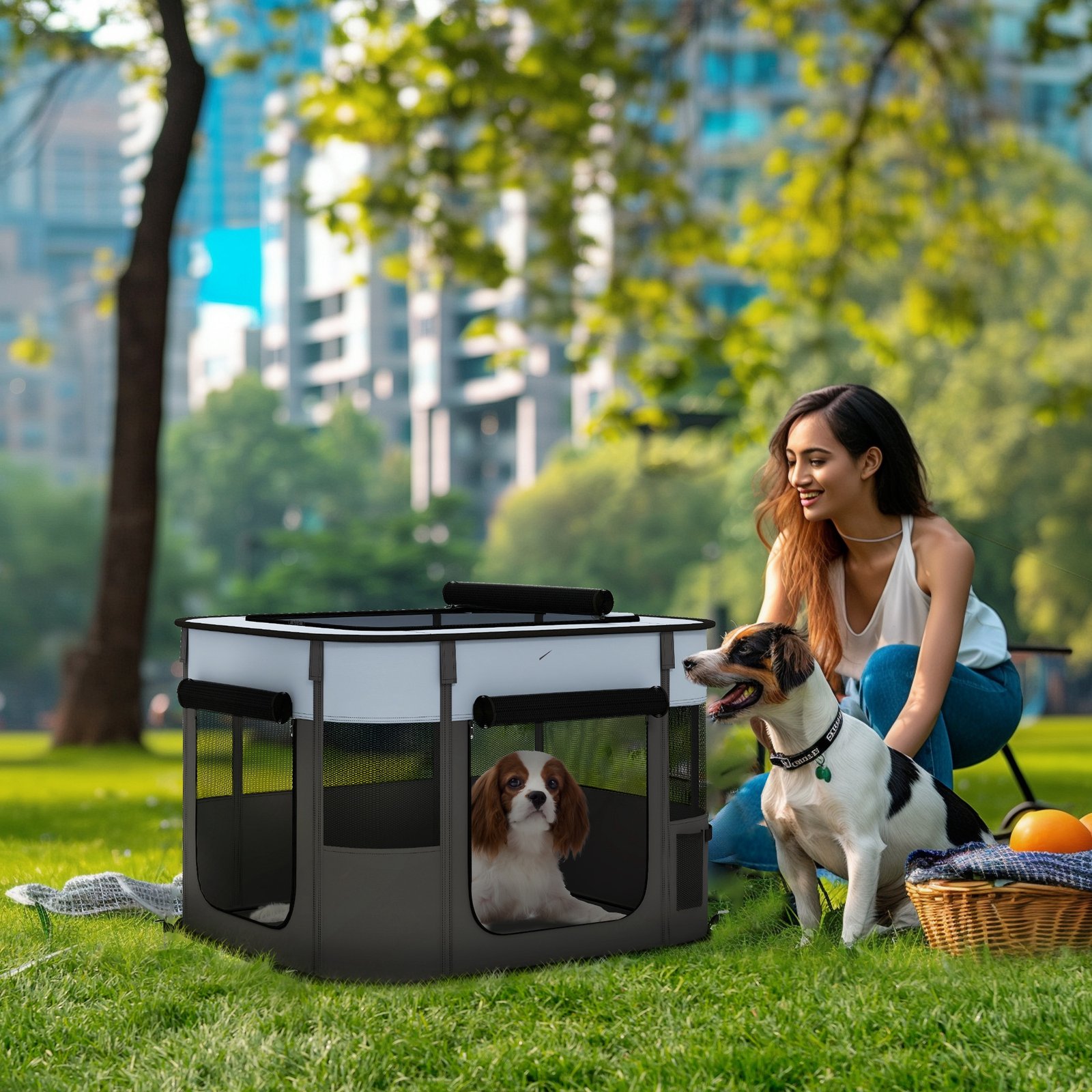 Foldable Dog Pen with Storage Bag for Indoor/Outdoor Use, Portable Pet playpen, with Ground Stakes - Grey - Image 9
