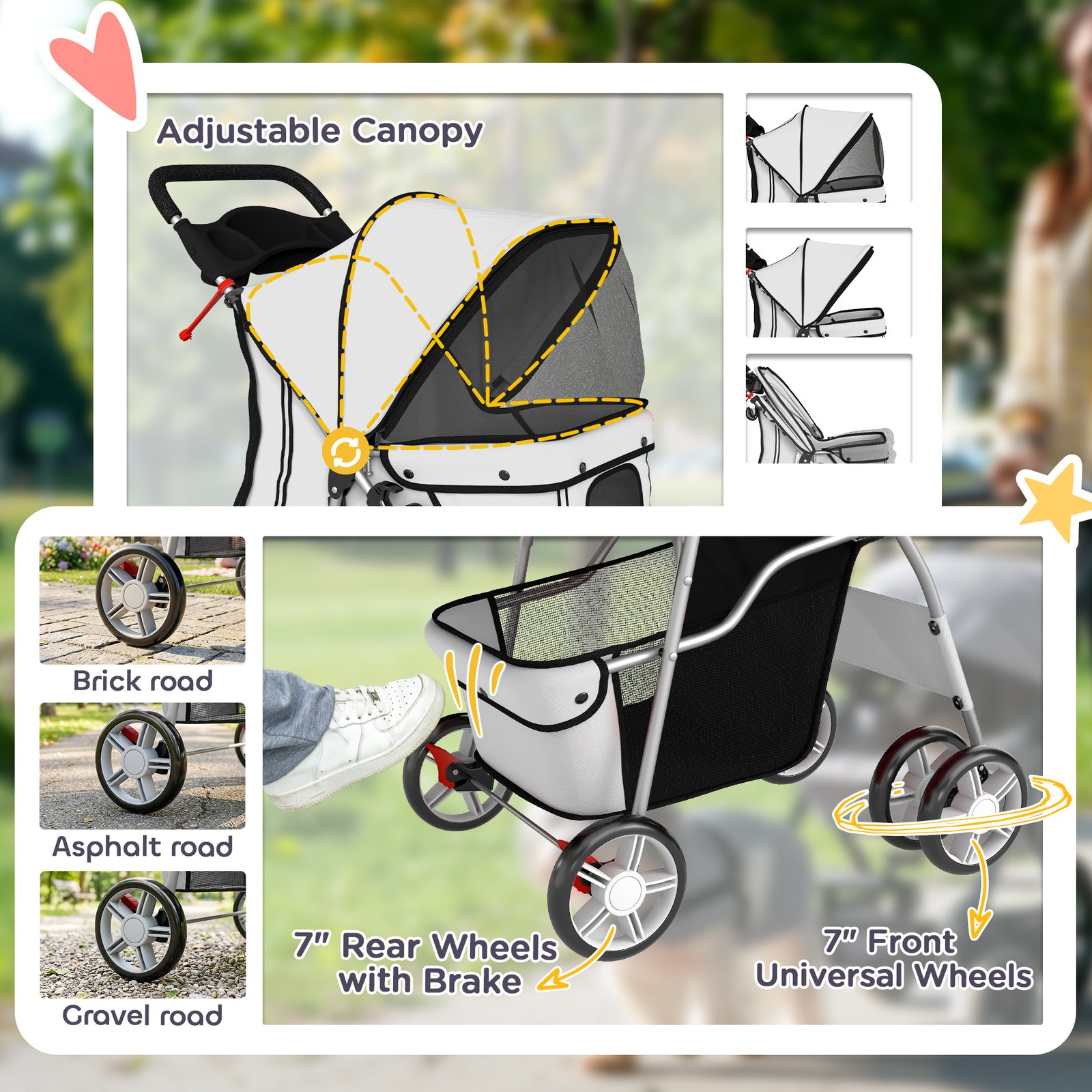 Dog Pram, Pet Stroller with Reflective Strips, Foldable Cat Stroller with 360° Swivel Wheels, Grey