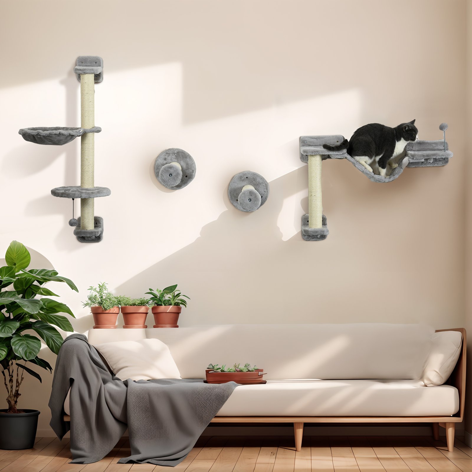 Four-Piece Cat Wall Furniture with Hammock, Perches, Ladder, Scratching Post, Grey - Image 9