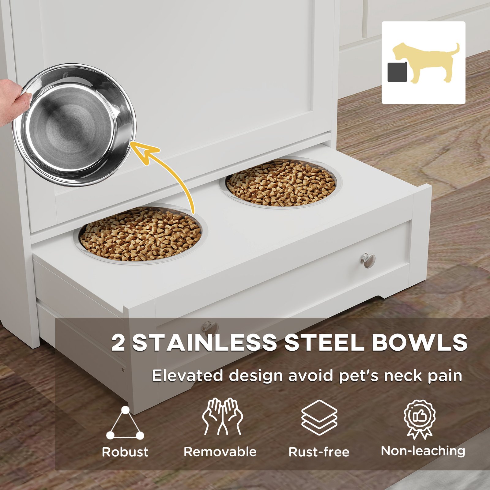 Dog Feeding Station with 2 Storage Cabinets, 2 Elevated Bowls, Side Hooks, Anti-tip Kit for Water and Feeding Supplies
